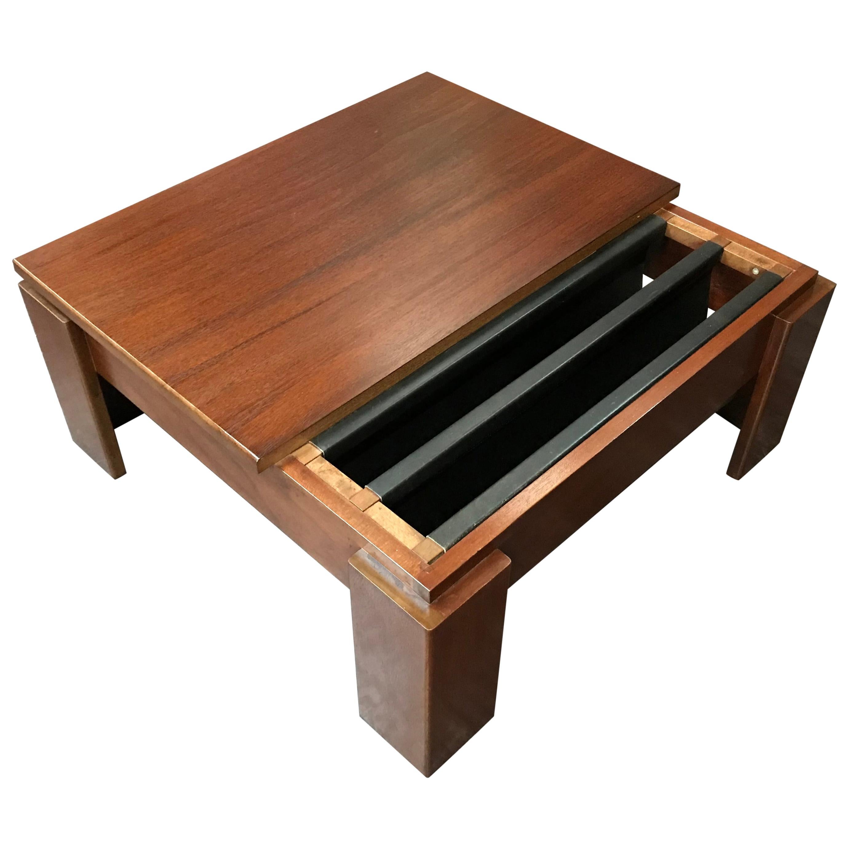 Square Minimalist Midcentury Teak Coffee Table with Twin Magazine Pockets For Sale