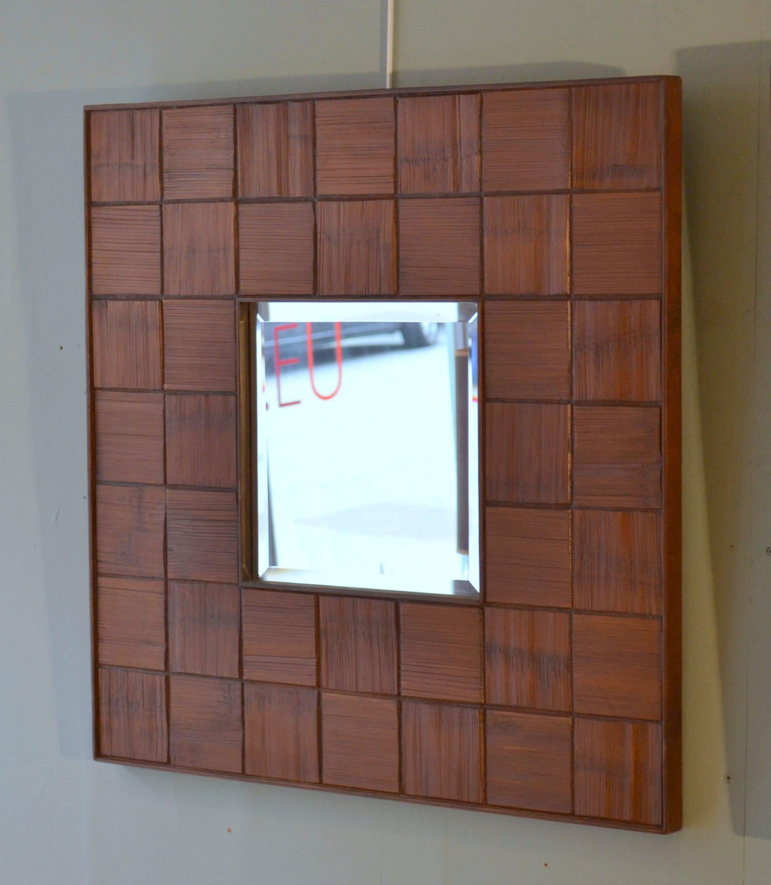 Square Mirrors Pair with Walnut Wood Relief Border, 1960s, Italy For Sale 7