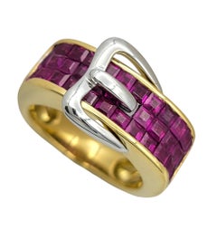 Square Mixed Cut Natural Ruby Belt Buckle Motif Band Ring in Two-Tone 18K Gold