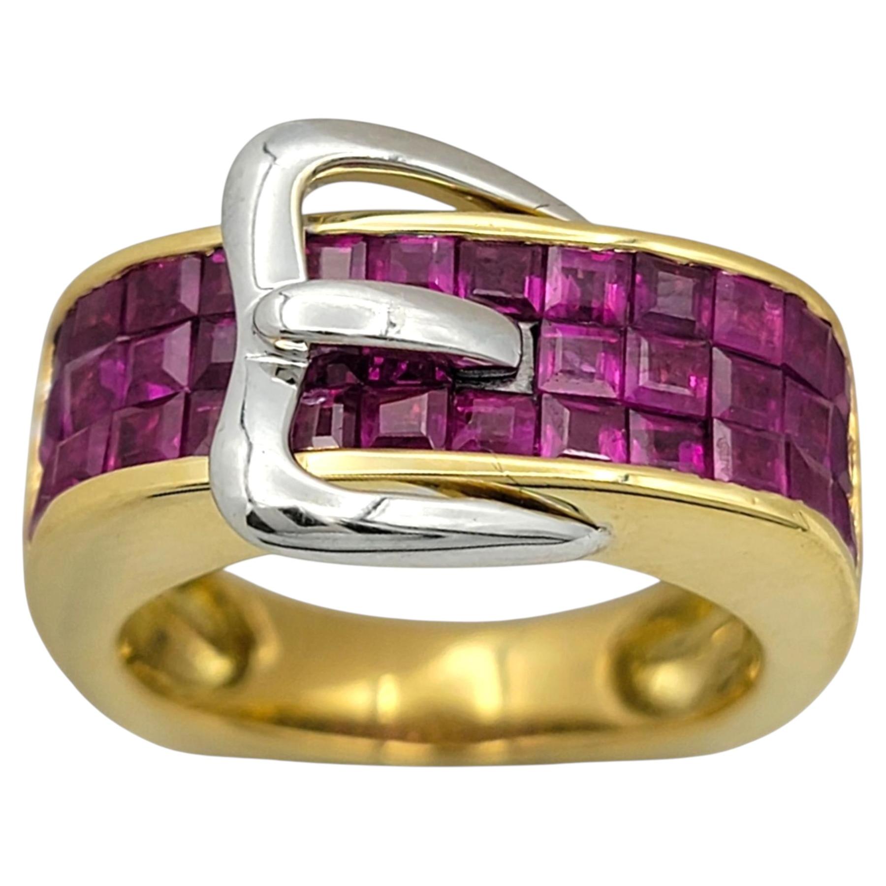 Square Mixed Cut Natural Ruby Belt Buckle Motif Band Ring in Two-Tone 18K Gold For Sale