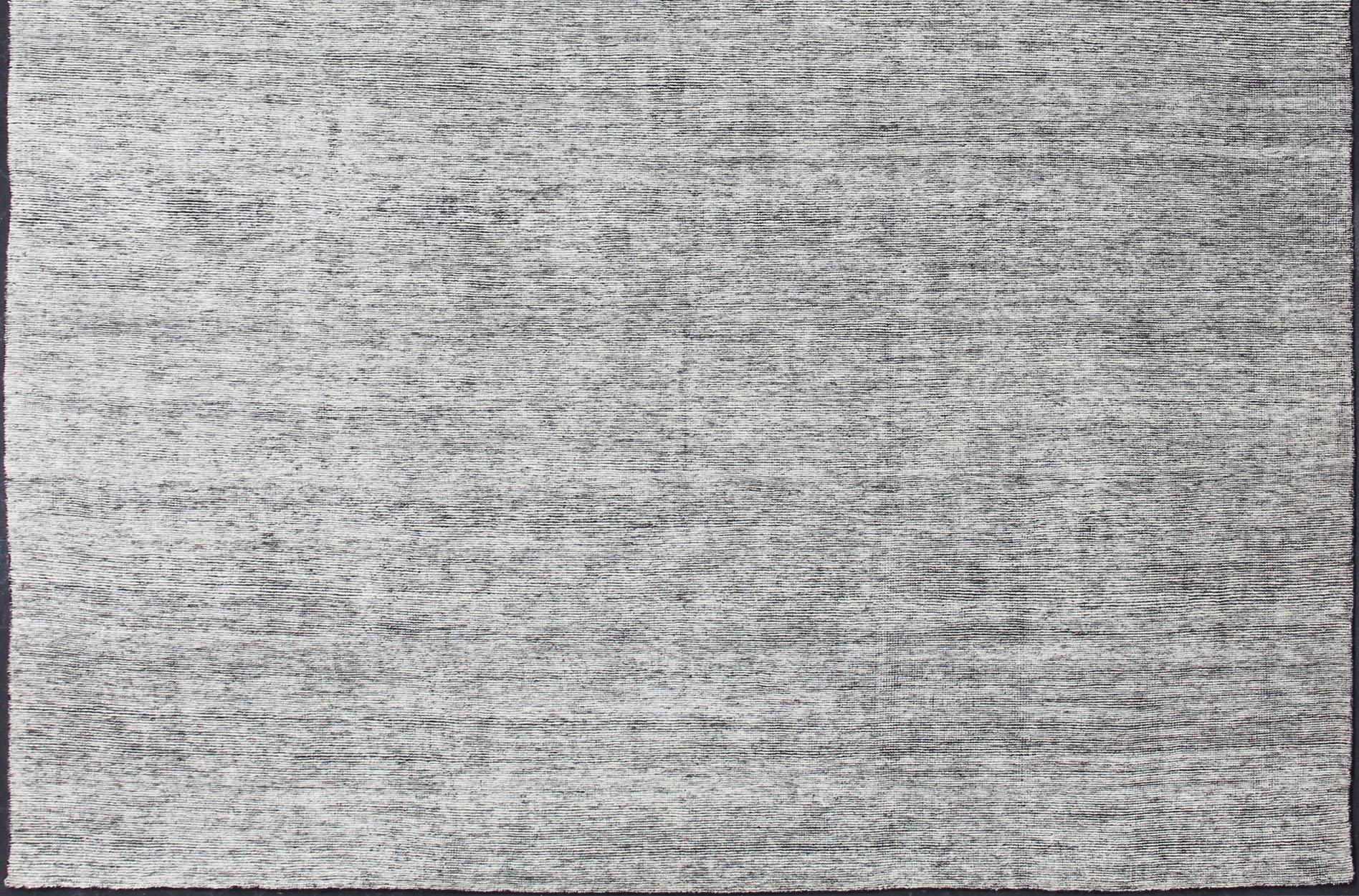 Hand-Knotted Square Modern Rug in Solid White Color with Distressed Pile and Charcoal Weft For Sale