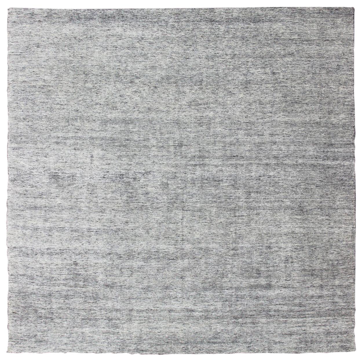 Square Modern Rug in Solid White Color with Distressed Pile and Charcoal Weft