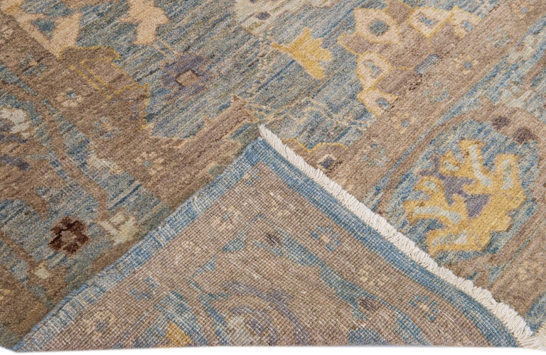 Square Modern Sultanabad Handmade Blue Wool Rug with Allover Design For