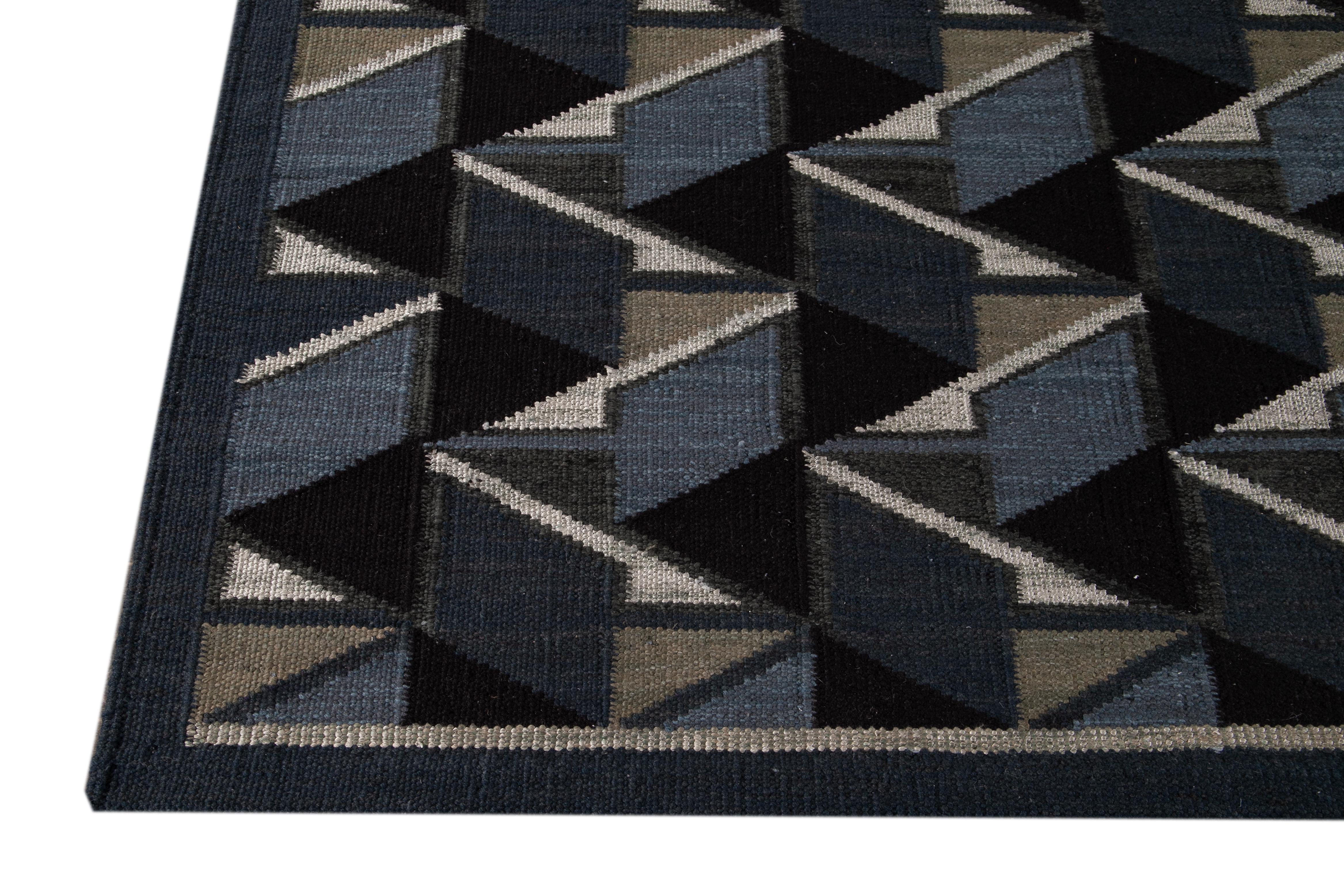 Kilim Square Modern Swedish Style Handmade Abstract Wool Rug with Black Field For Sale