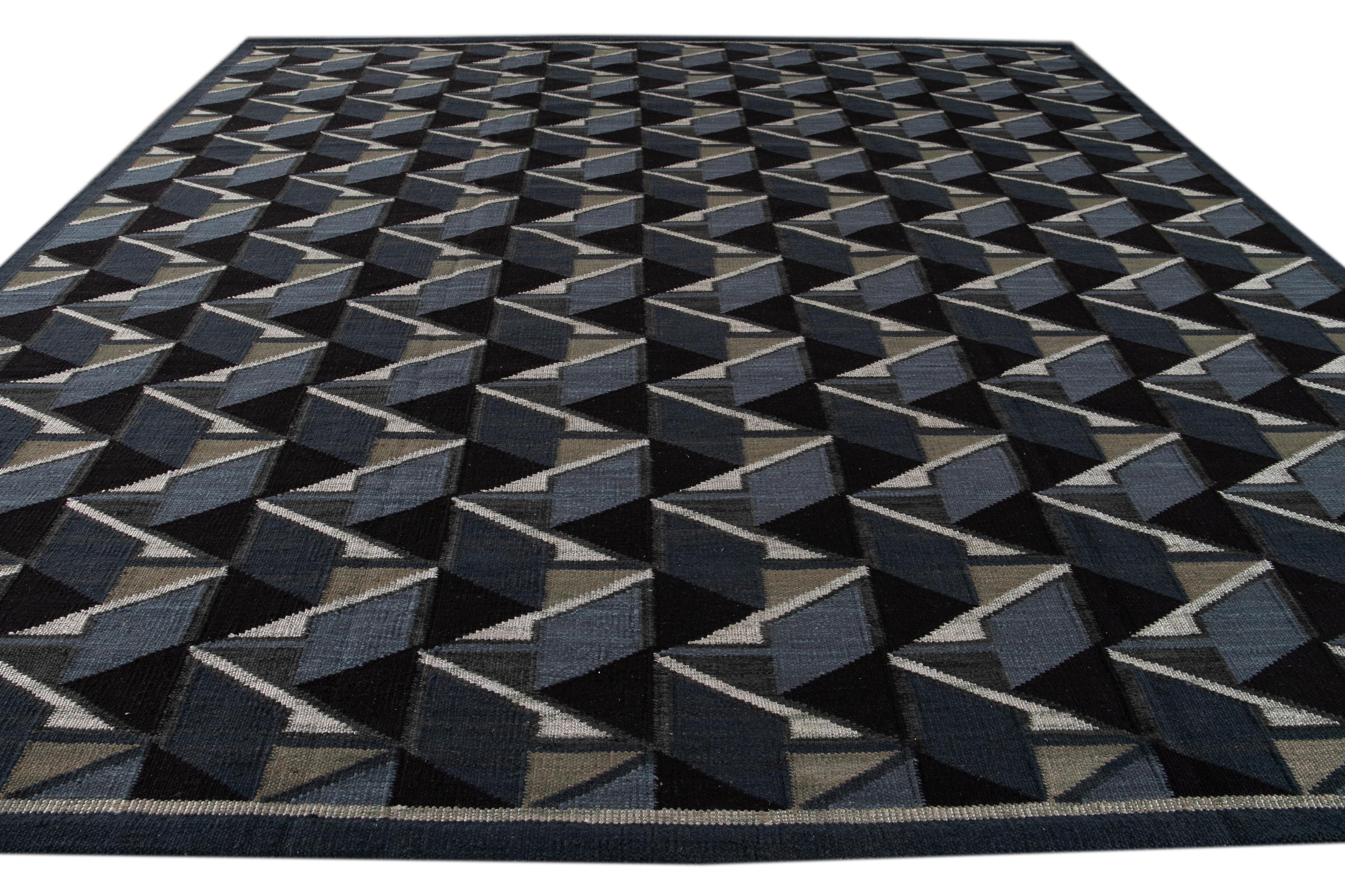 Hand-Knotted Square Modern Swedish Style Handmade Abstract Wool Rug with Black Field For Sale