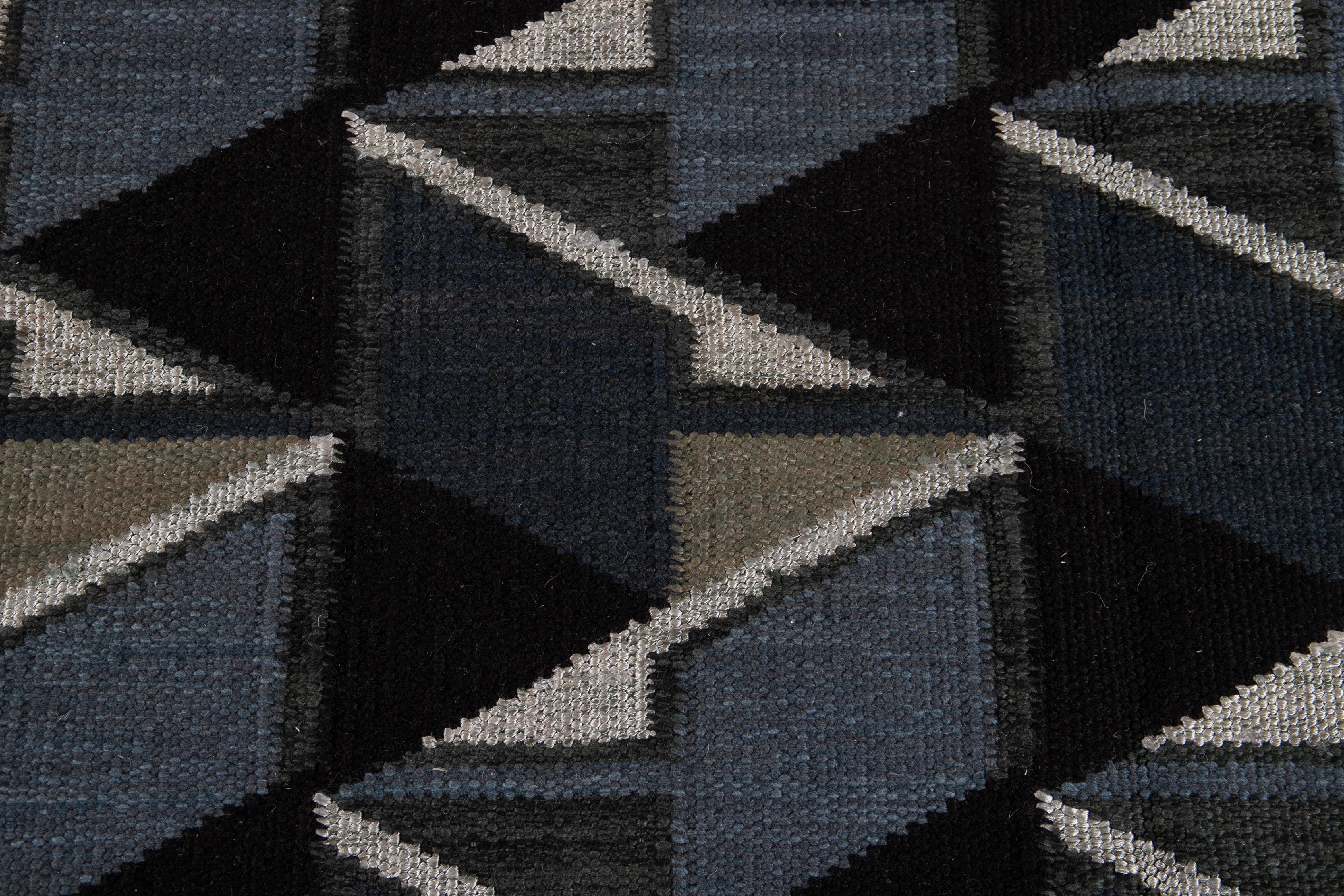 Square Modern Swedish Style Handmade Abstract Wool Rug with Black Field In New Condition For Sale In Norwalk, CT