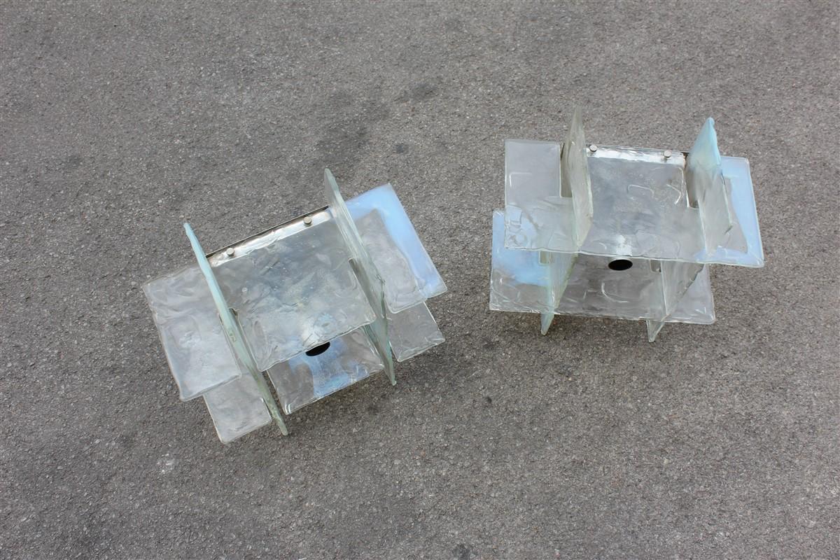 Square Modernist Brutalis Pair Wall Sconces Murano Mazzega Glass Iridescent In Good Condition For Sale In Palermo, Sicily