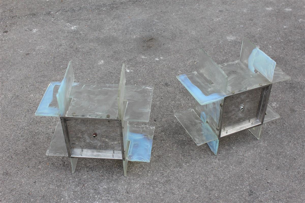 Late 20th Century Square Modernist Brutalis Pair Wall Sconces Murano Mazzega Glass Iridescent For Sale