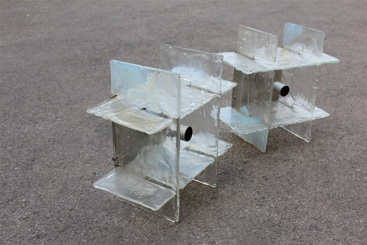 Quadratische Modernist Brutalis Paar Wandleuchter Murano Mazzega Glas schillernd im Angebot 2