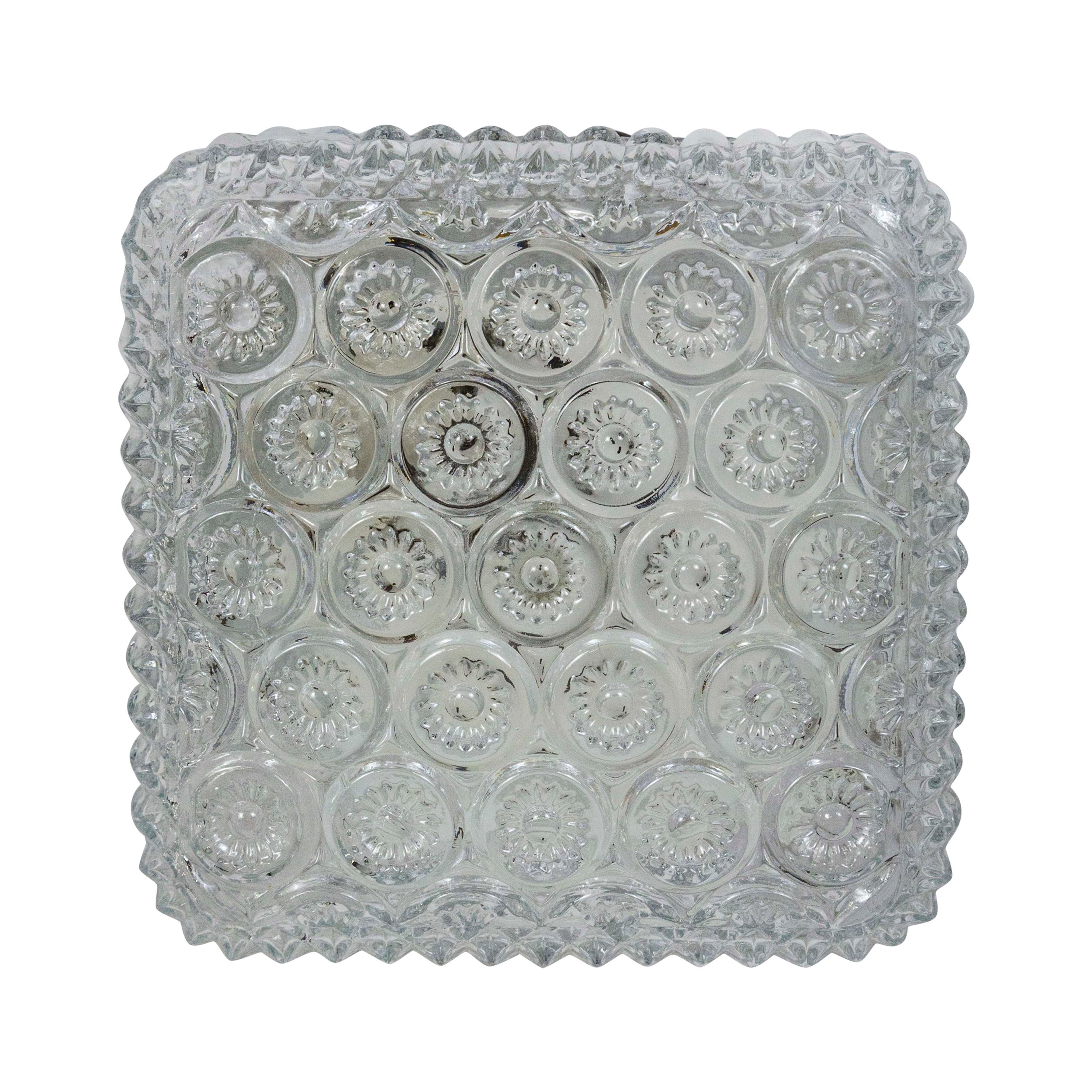 Square Molded Glass Flower Motif Flush Mount Light For Sale