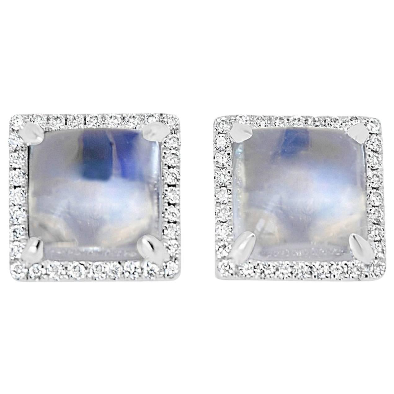 Square Moonstone and Diamond Stud Earrings For Sale