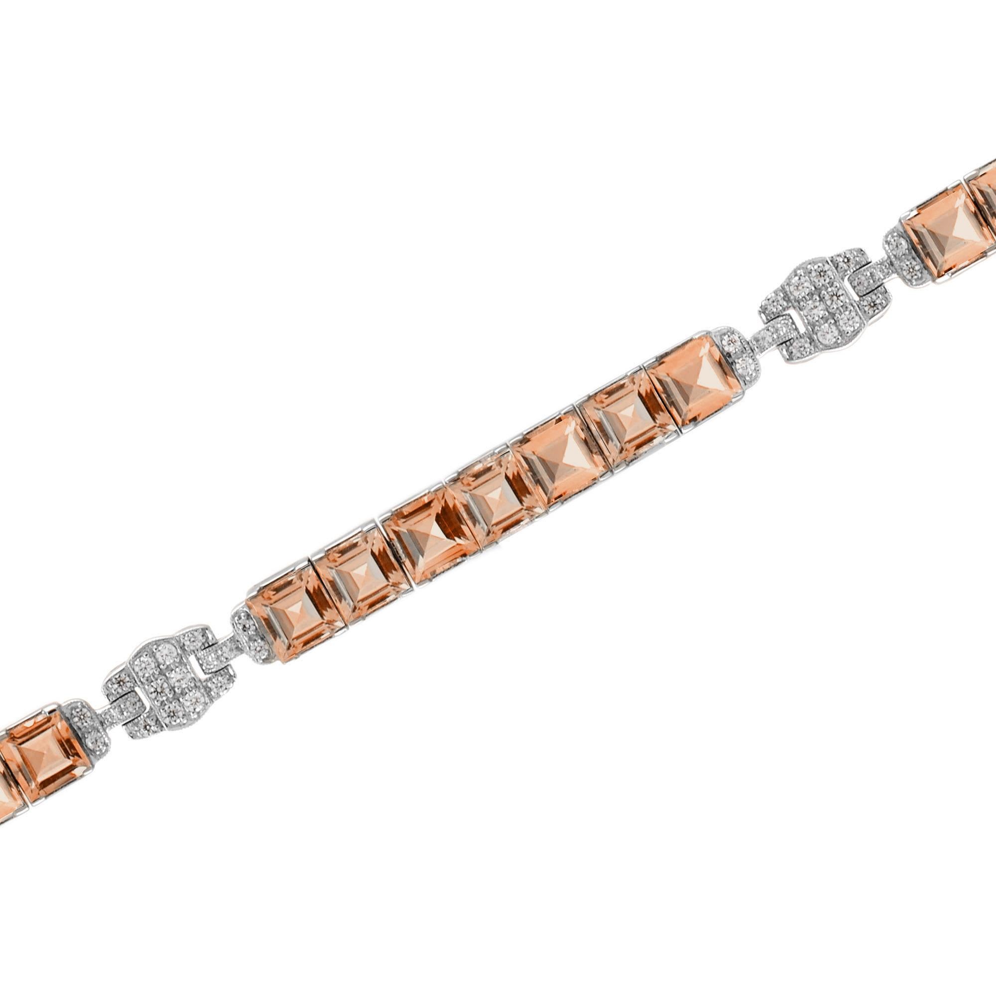 Art Deco Square Morganite and Diamond Bracelet in 18K White Gold For Sale