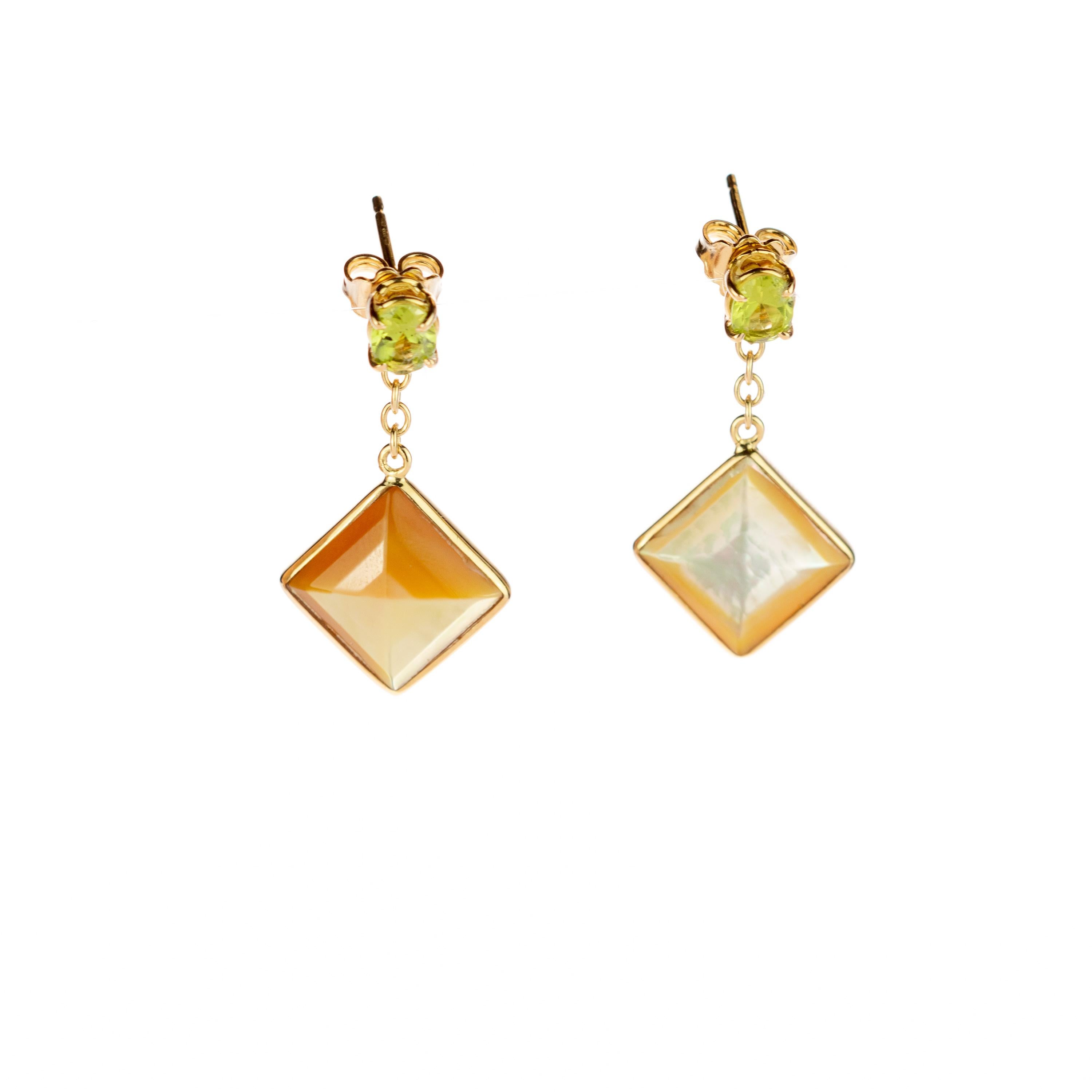 Marvelous square Mother of Pearl and 2 carats natural Peridot drop earrings surrounded by delicate 18 karat yellow gold details. Evoking all the italian tradition resulting in a stunning masterpiece with an outstanding display of color and a high