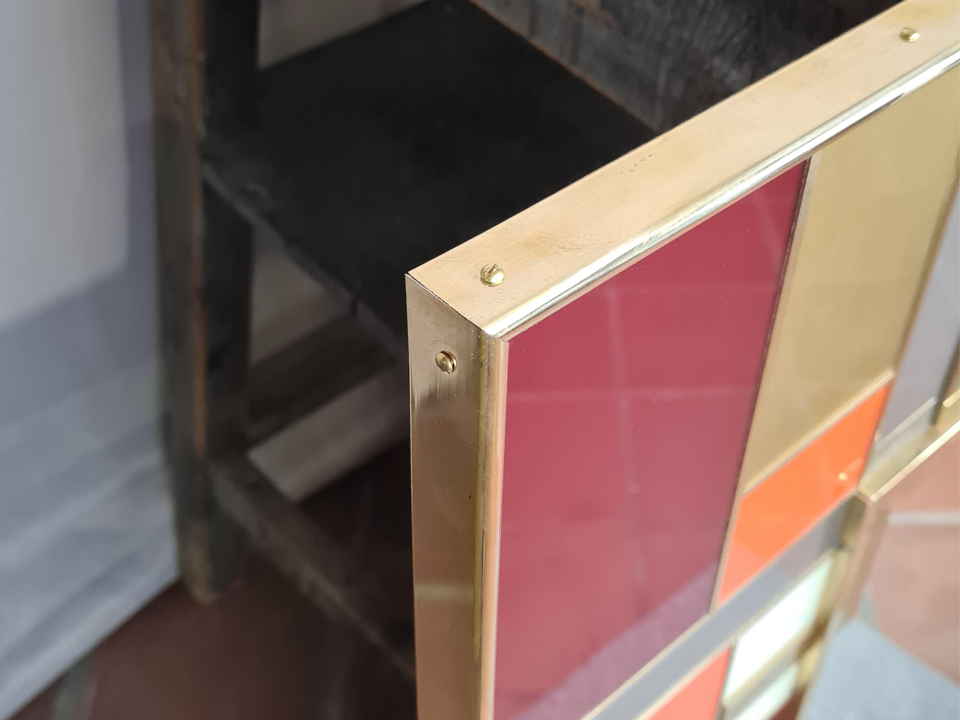 Mid-Century Modern Square Multicolor Murano Wall Mirror with Brass Inserts Available For Sale