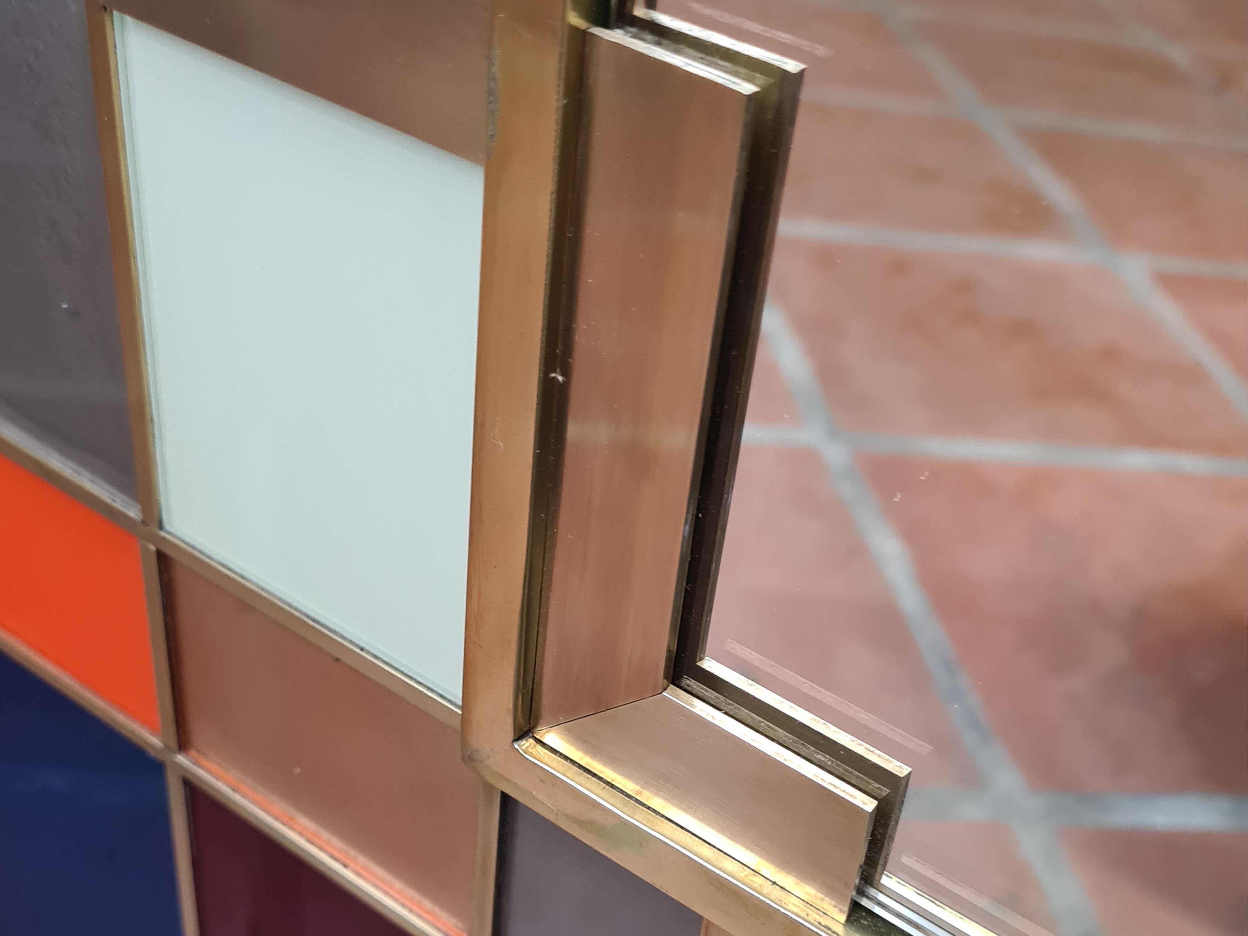 Italian Square Multicolor Murano Wall Mirror with Brass Inserts Available For Sale