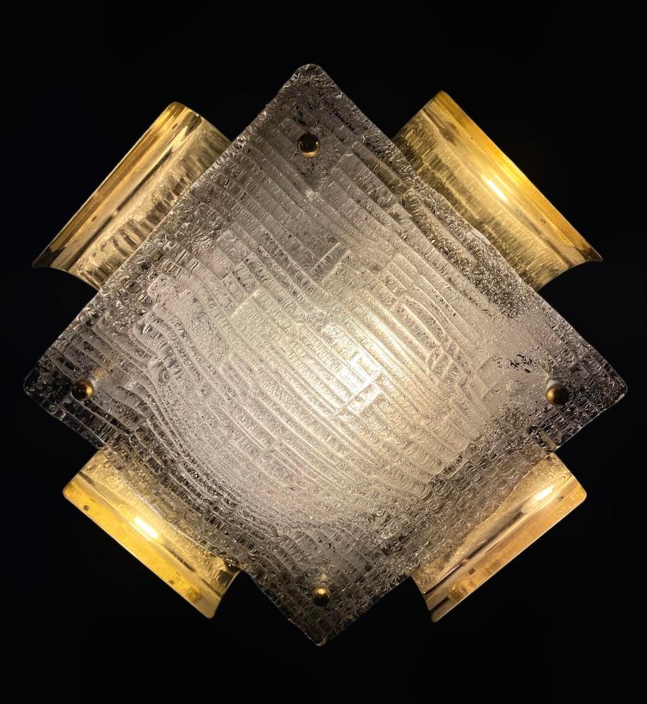 Blown Glass Square Murano Flush Mount with Brass For Sale