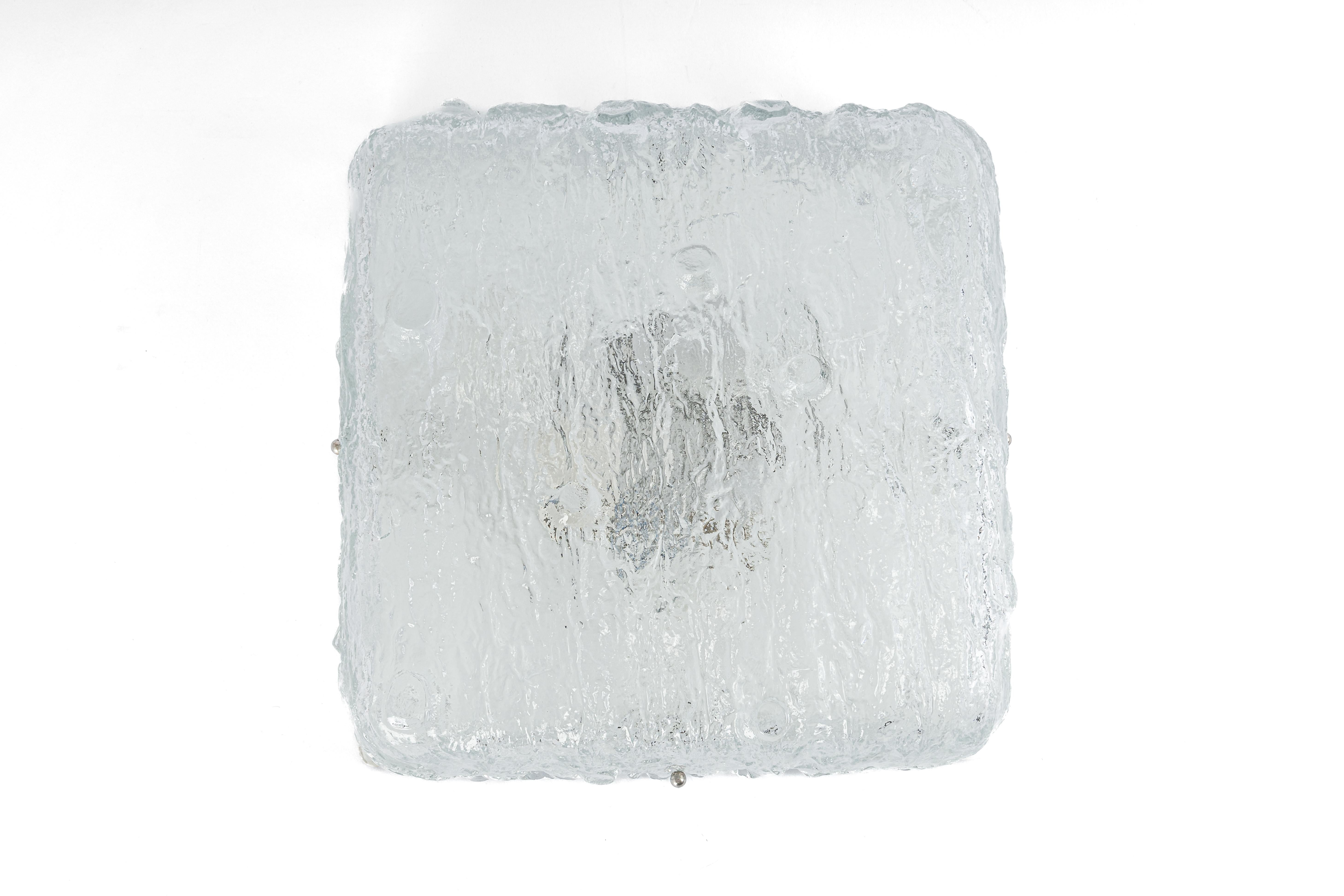 Square Murano Ice Glass Flushmount, Kaiser, Germany, 1970s For Sale 1