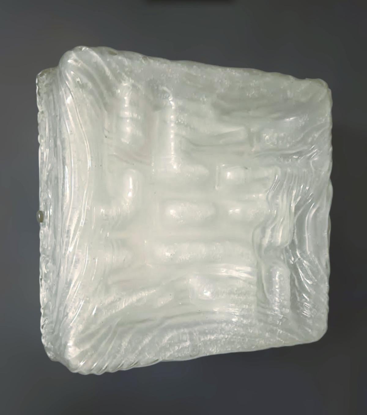 Vintage Italian wall light or flush mount with a single square milky white textured Murano glass shade / Made in Italy by Mazzega, circa 1960s
Width 14.5 inches, length 14.5 inches, depth 6 inches
4 lights / E26 or E27 type / max 60W each
1
