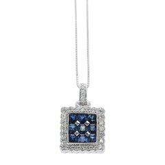Square Mystery Set 9 Stone Sapphire Pendant Necklace with Diamonds, 18K White