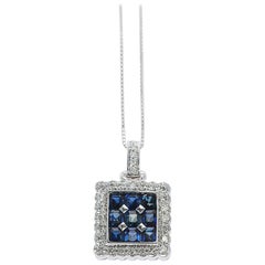Square Mystery Set 9 Stone Sapphire Pendant Necklace with Diamonds, 18K White