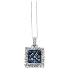 Square Mystery Set 9 Stone Sapphire Pendant Necklace with Diamonds, 18K White