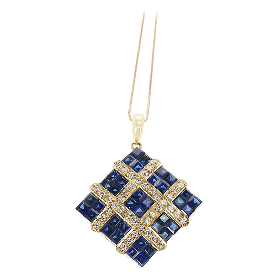 Square Mystery Set Sapphire Pendant Necklace with Diamonds, 18 Karat Yellow Gold For Sale