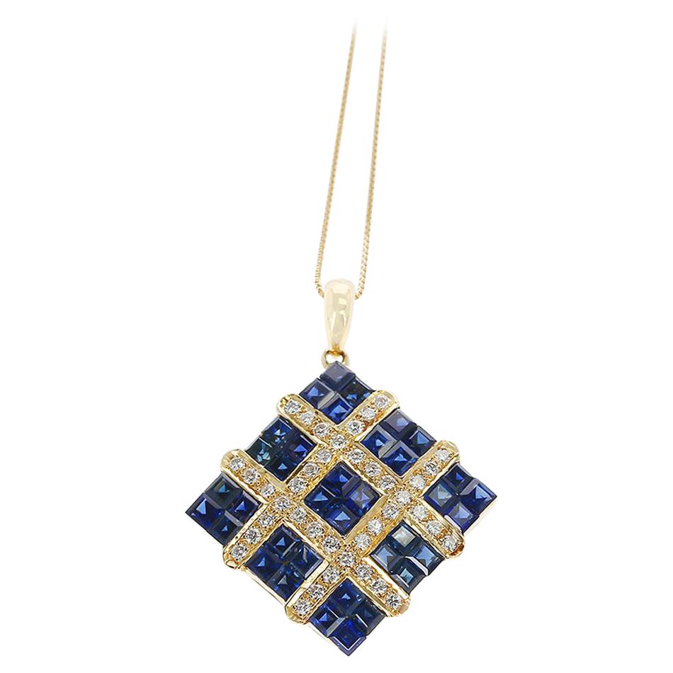 Square Mystery Set Sapphire Pendant Necklace with Diamonds, 18 Karat Yellow Gold
