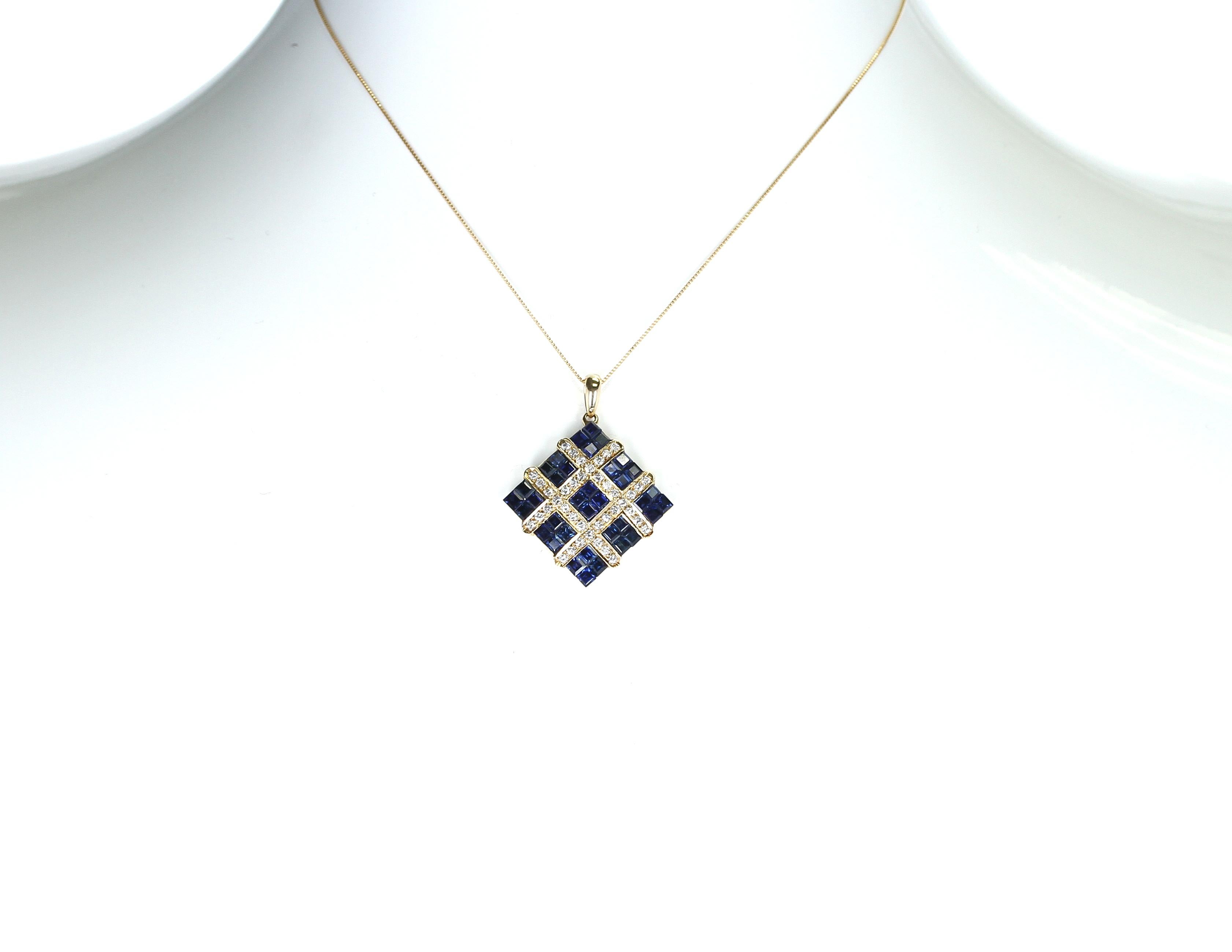 A Square Mystery Set Sapphire Pendant Necklace with Diamonds in18K Yellow Gold. 
Sapphire Weight: 5.13 carats, Diamond Weight: 0.52 carats. Total Weight: 8.40 grams.