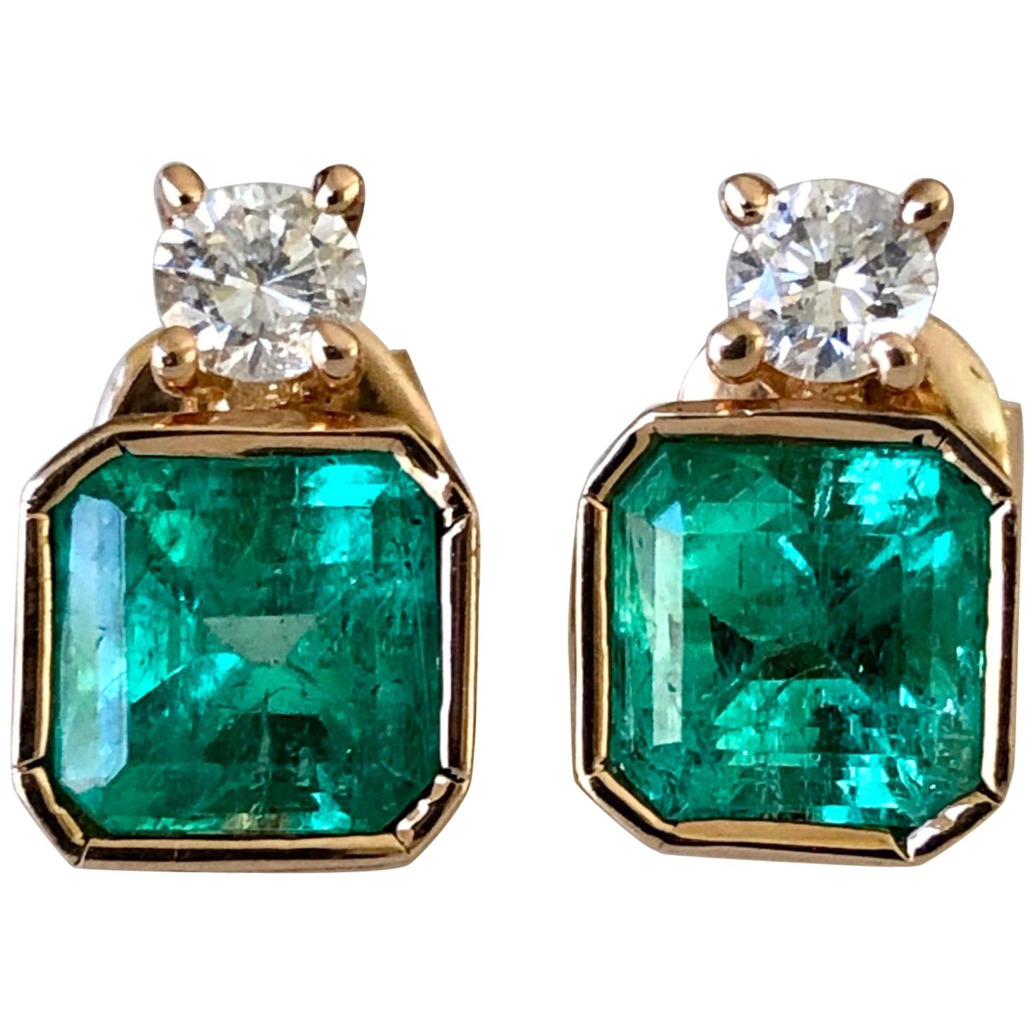 Square Natural Colombian Emerald and Diamond Stud Earrings Gold