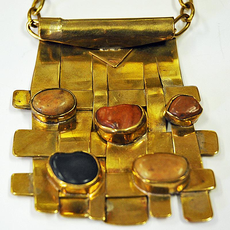 Polished Nature Stone and Brass Necklace by Anna Greta Eker, Norway, 1960s