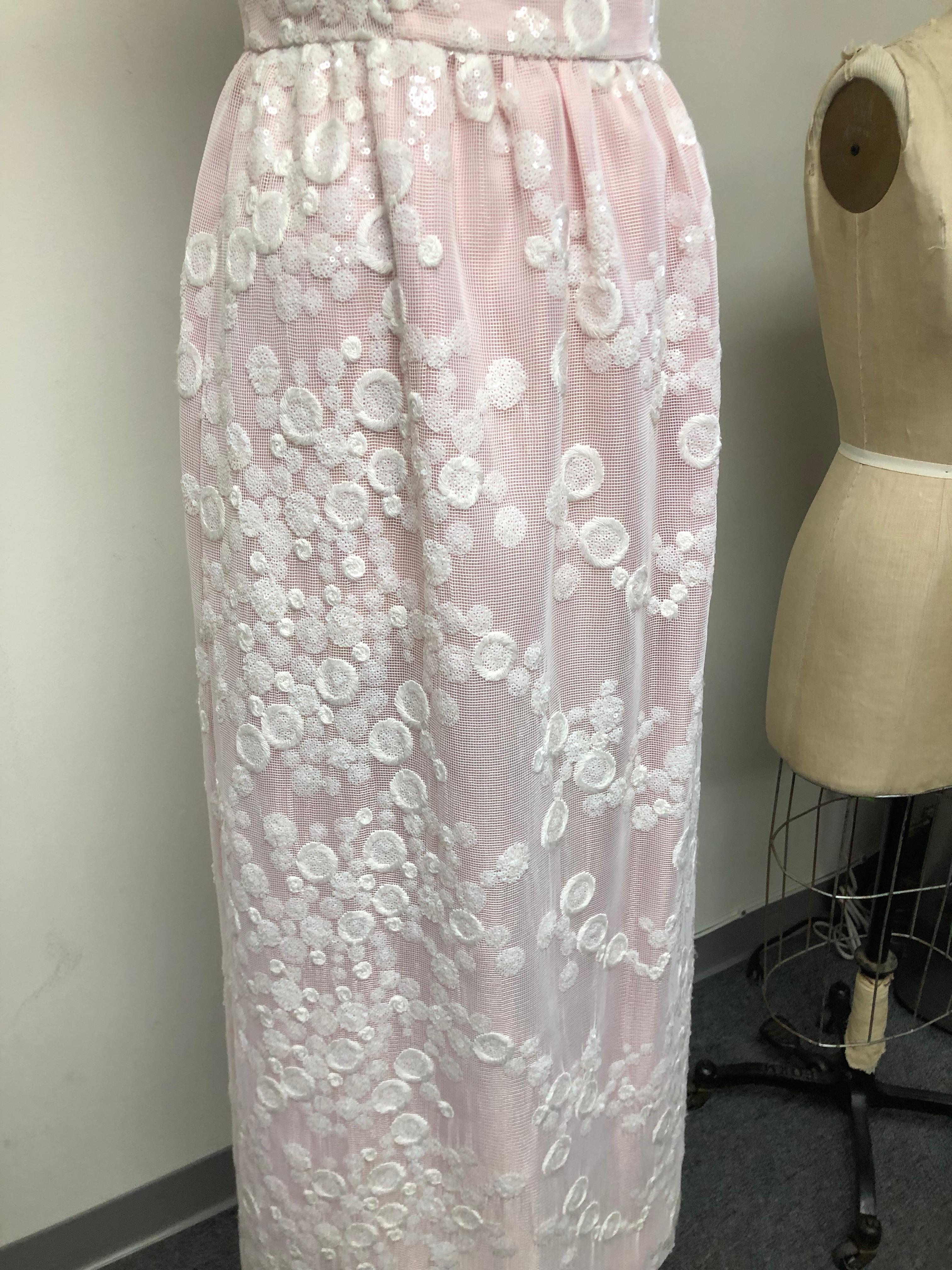 Square Neck with Gathered Skirt Gown Embroidered with Sequins over  Palest Pink In Excellent Condition In Los Angeles, CA