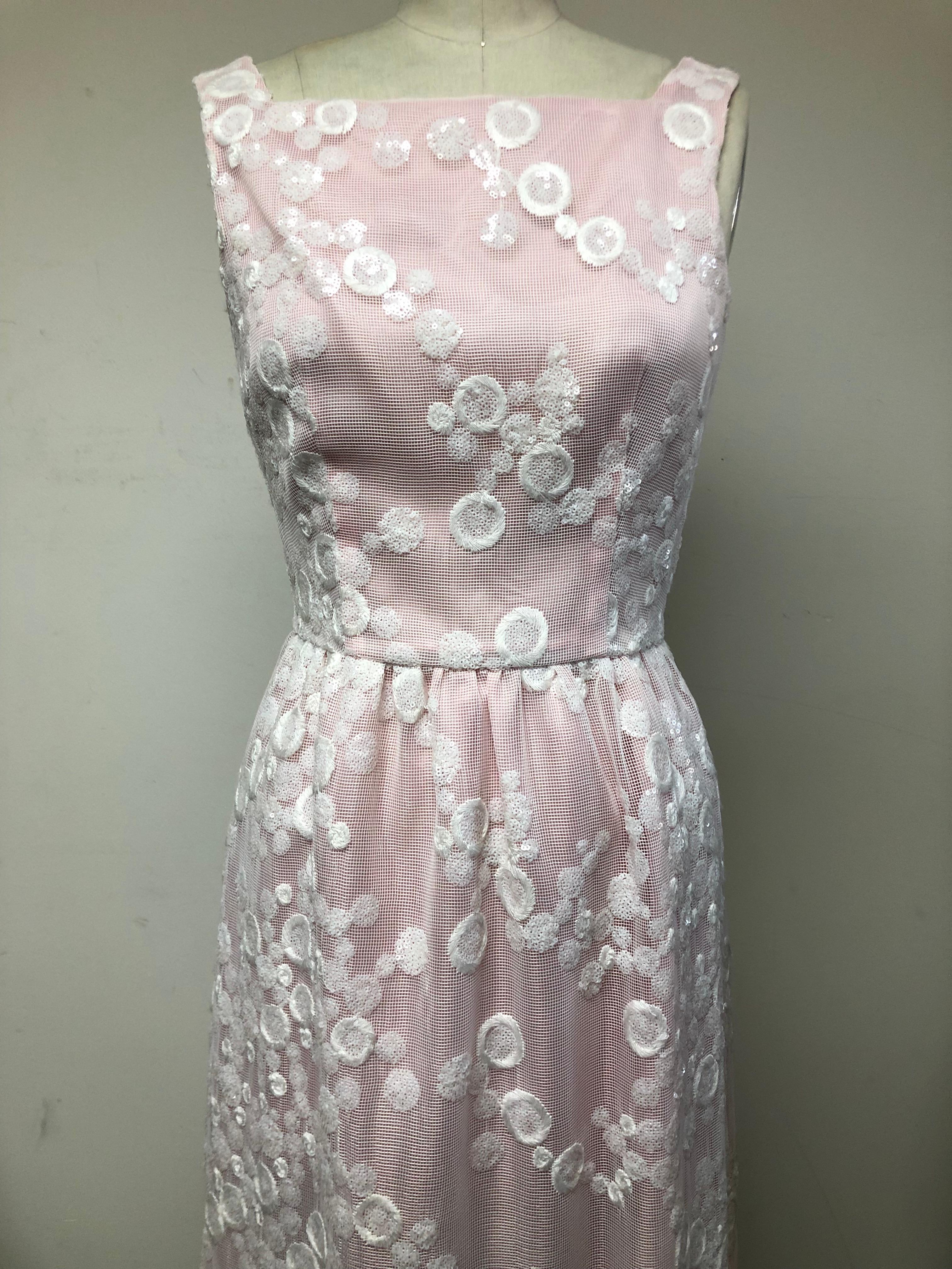 Square Neck with Gathered Skirt Gown Embroidered with Sequins over  Palest Pink 2