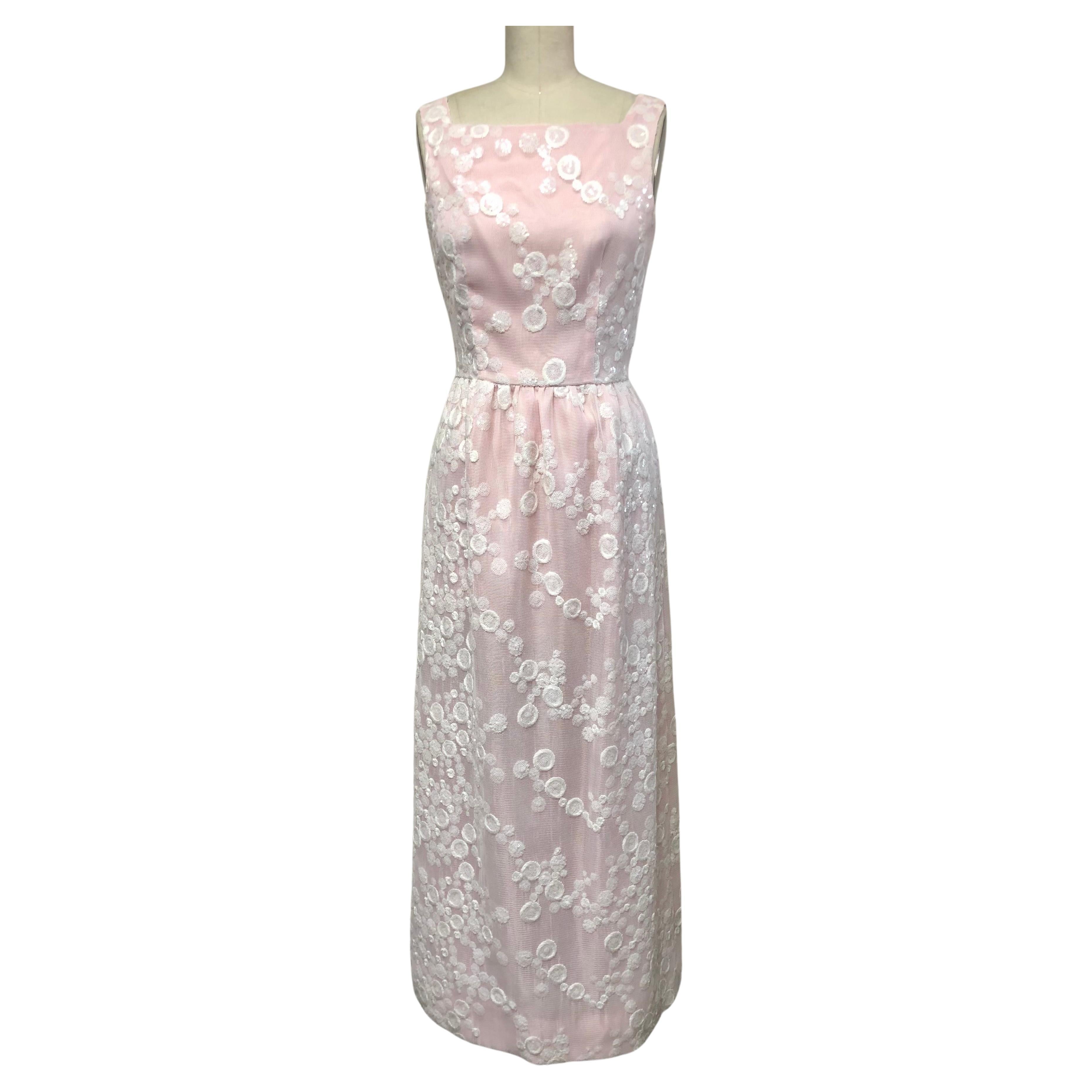Square Neck with Gathered Skirt Gown Embroidered with Sequins over  Palest Pink