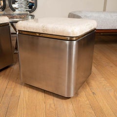 Square nickel rolling side table with travertine top