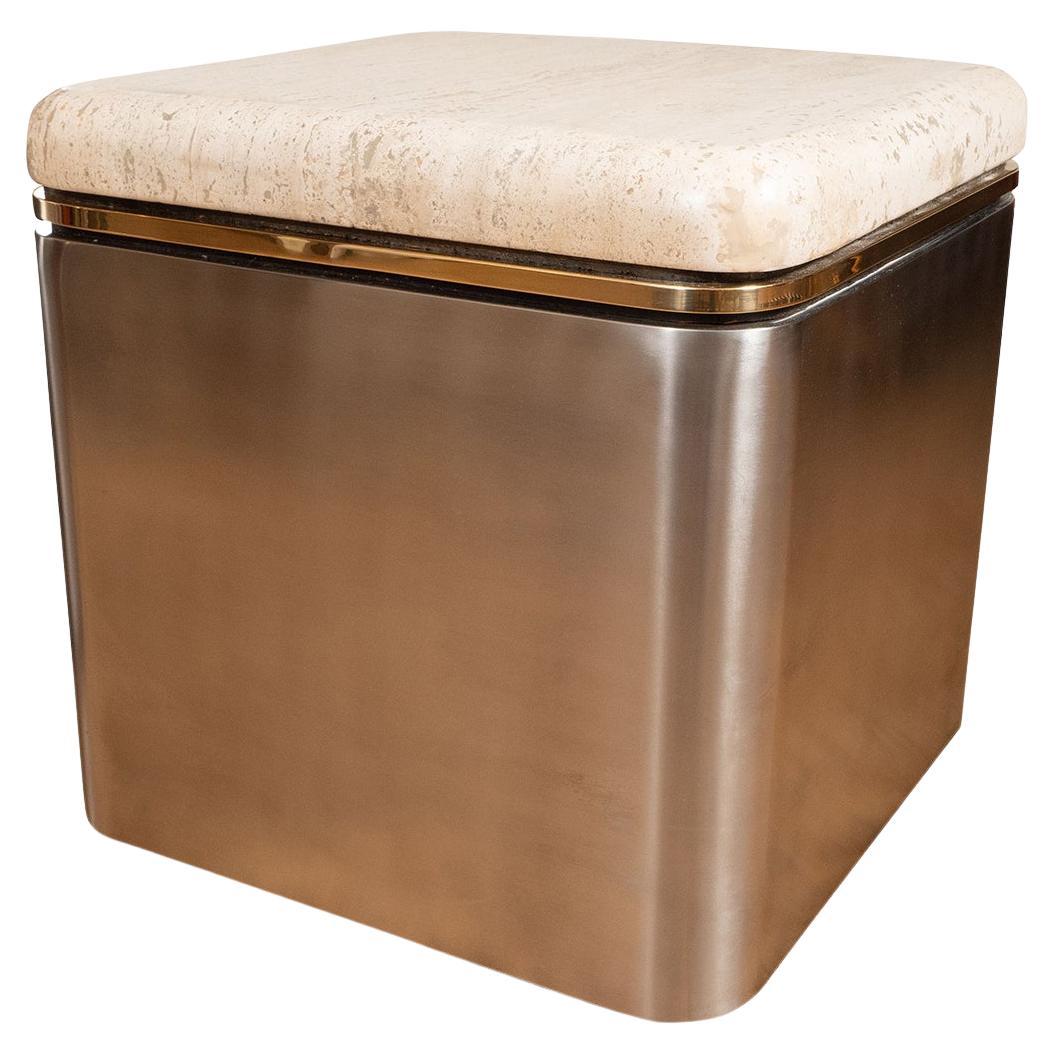 Square nickel rolling side table with travertine top For Sale