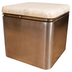 Retro Square nickel rolling side table with travertine top