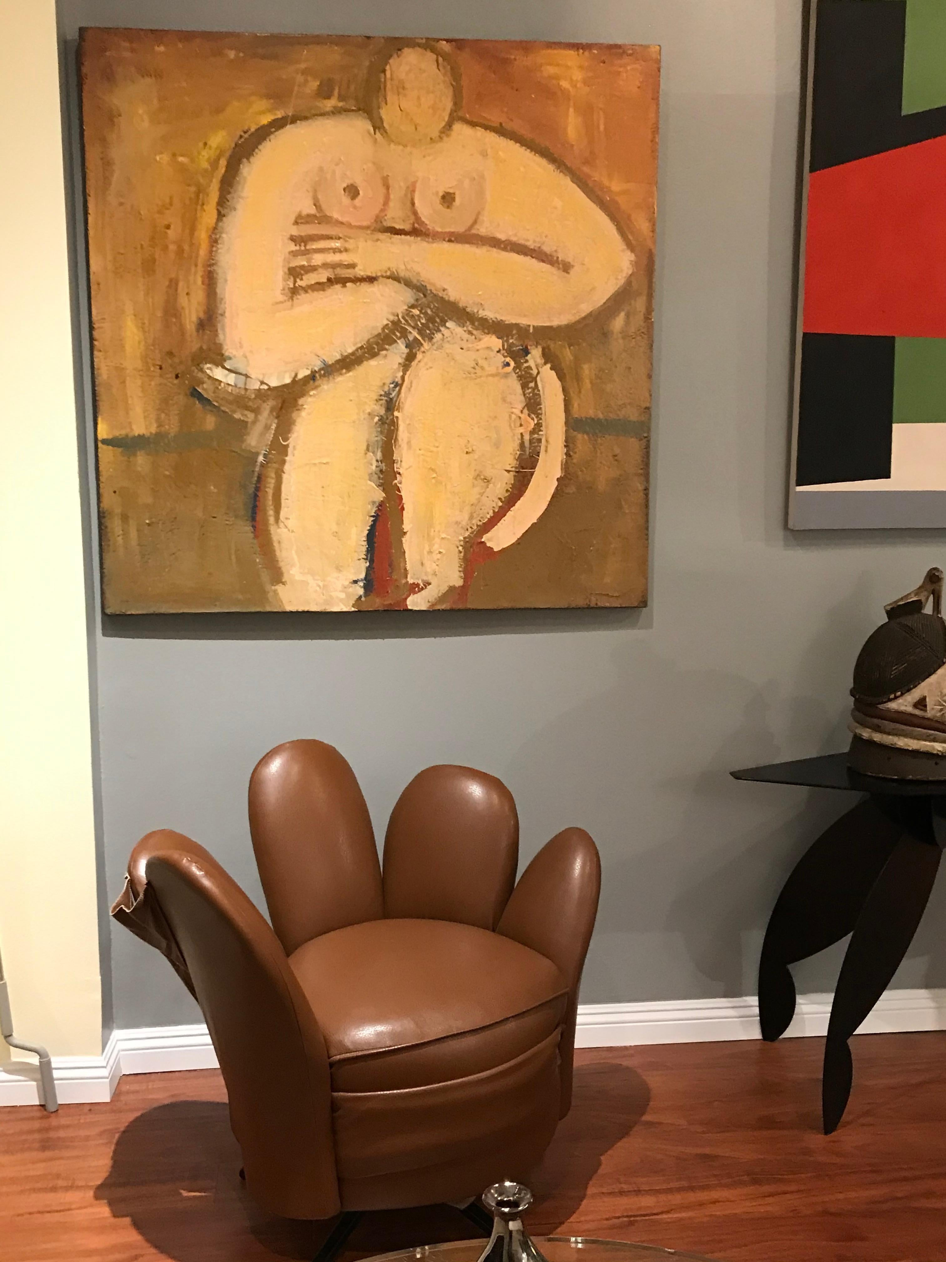 Outstanding strong oil painting of a nude reminding Fernando Botero by Barbara Dodge.
Painted with multiple layers of oil paint.
This frenetic painter never tried to sell her work in auction, which explains that we cannot find much on her!
This