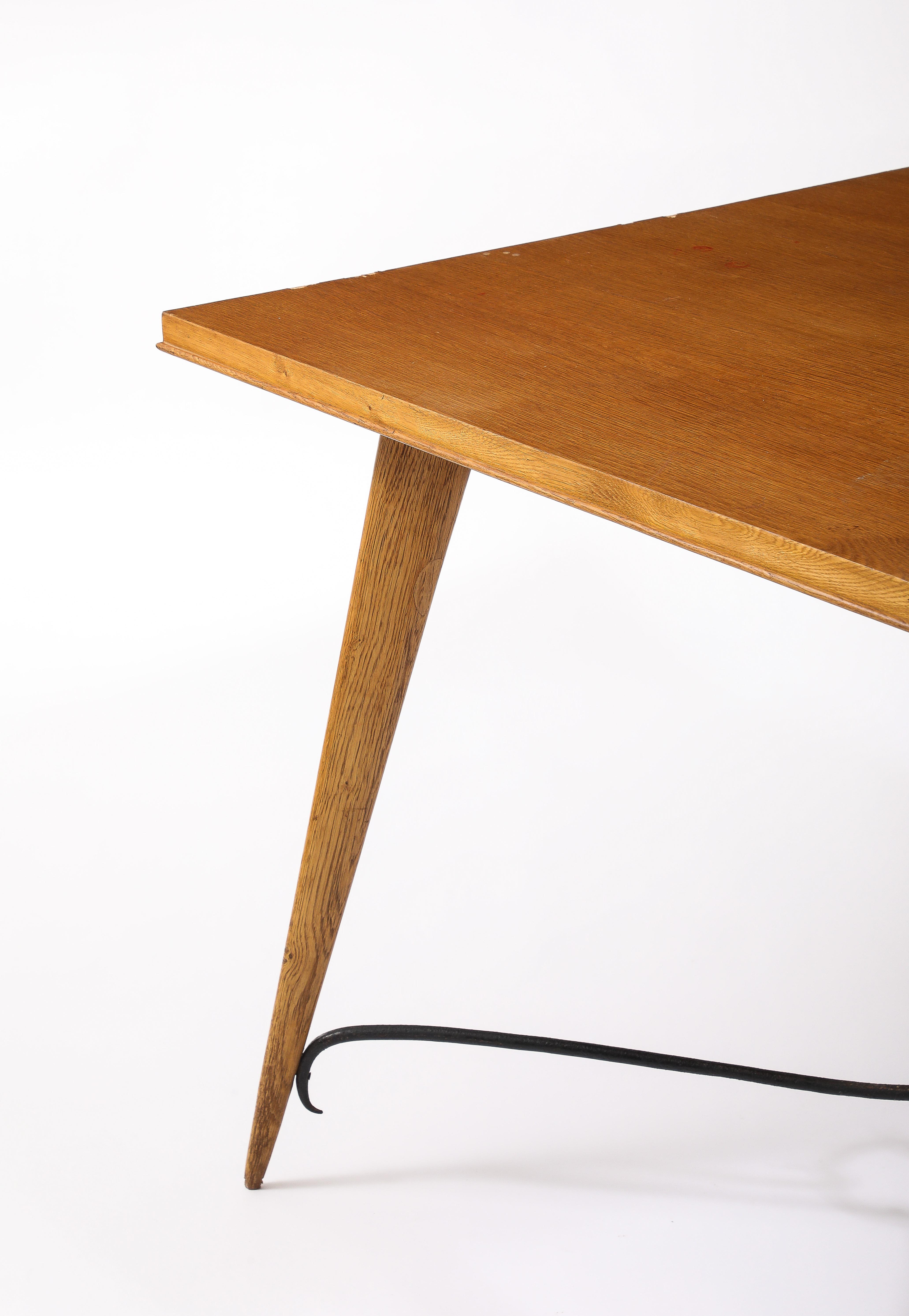 Square Oak Center Table With Scrolled Stretcher, France 1940's For Sale 3