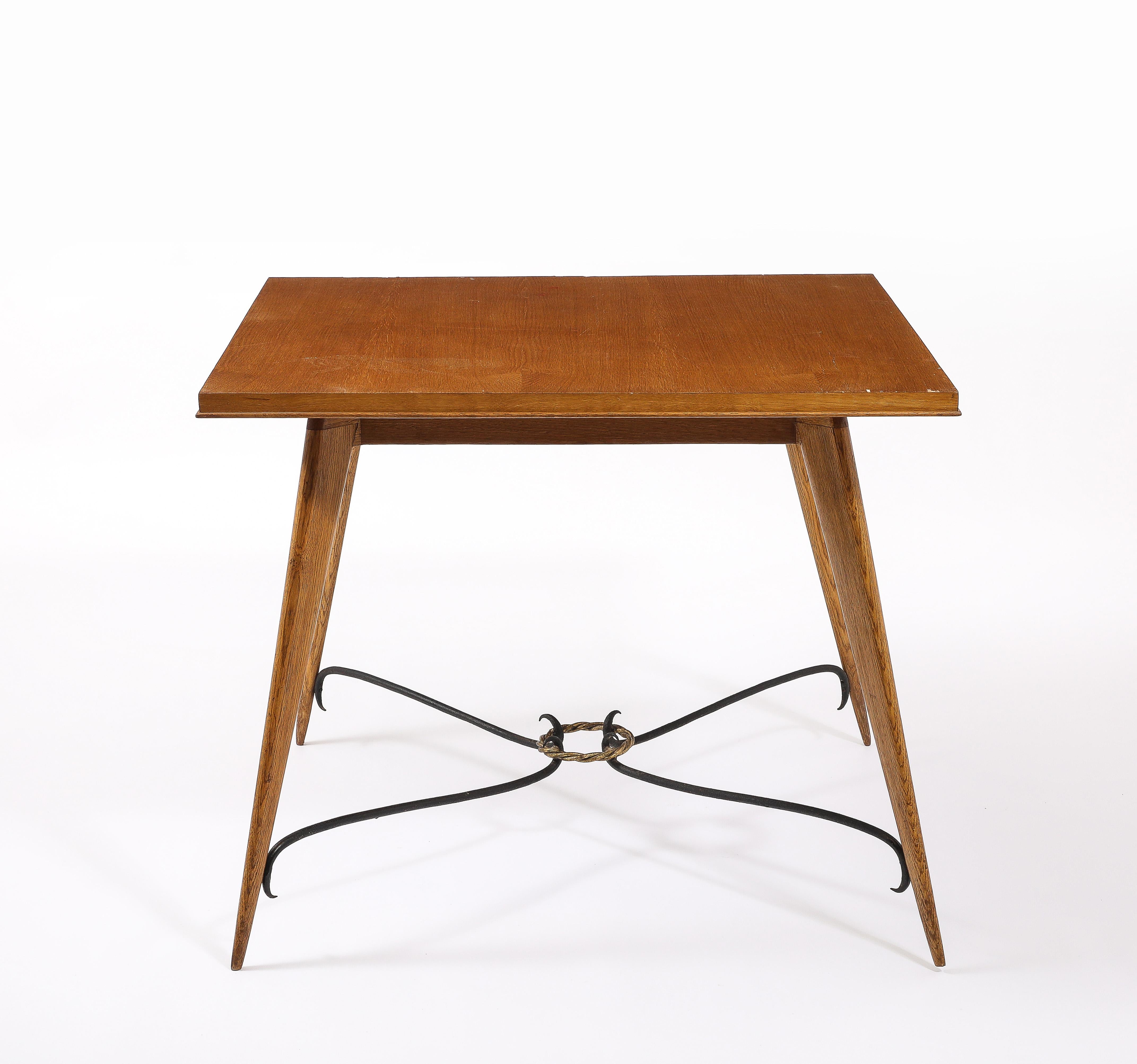 Square Oak Center Table With Scrolled Stretcher, France 1940's For Sale 4