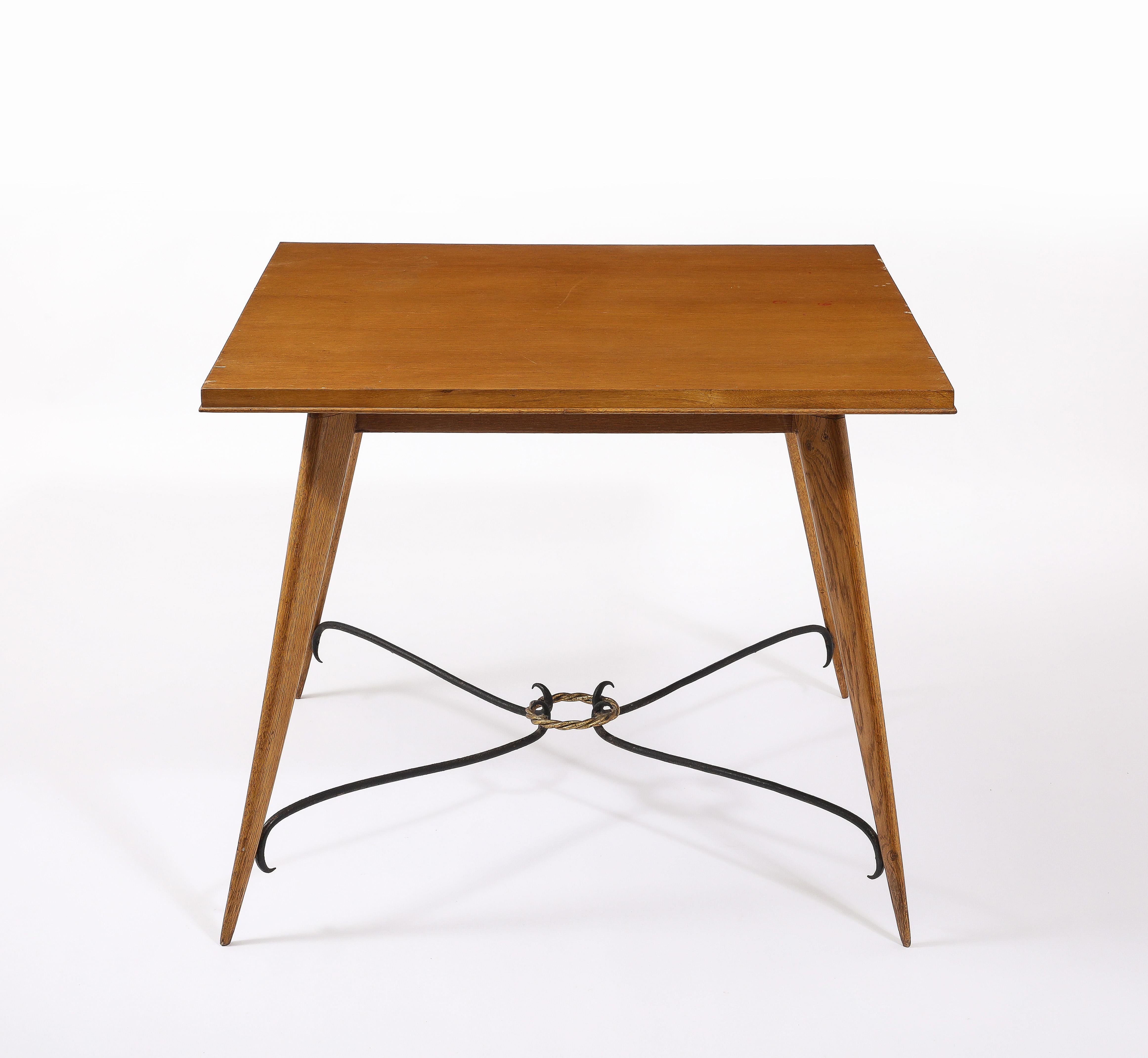 Square Oak Center Table With Scrolled Stretcher, France 1940's For Sale 5