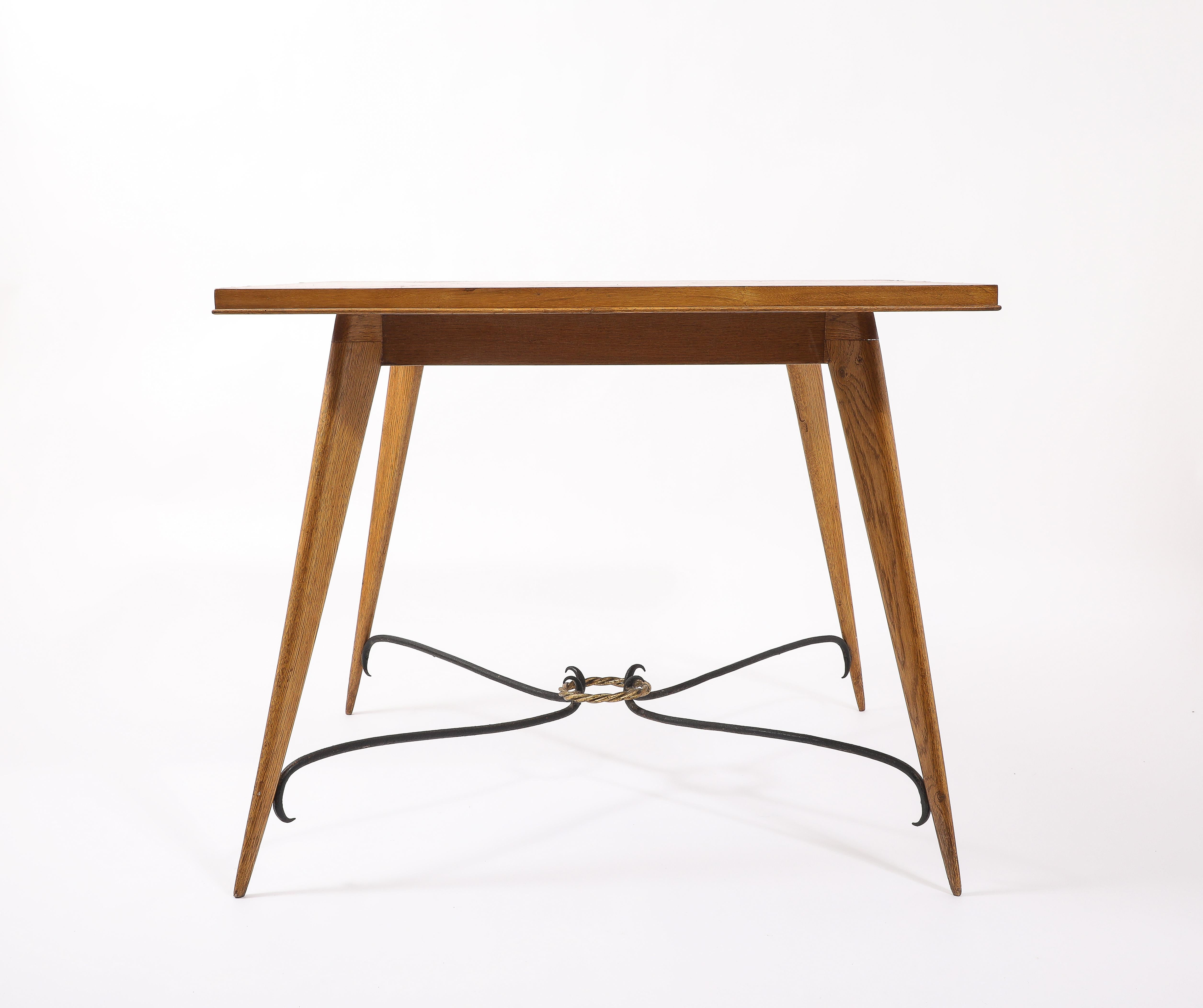 Square Oak Center Table With Scrolled Stretcher, France 1940's For Sale 7