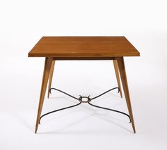 Square Oak Center Table With Scrolled Stretcher, France 1940's