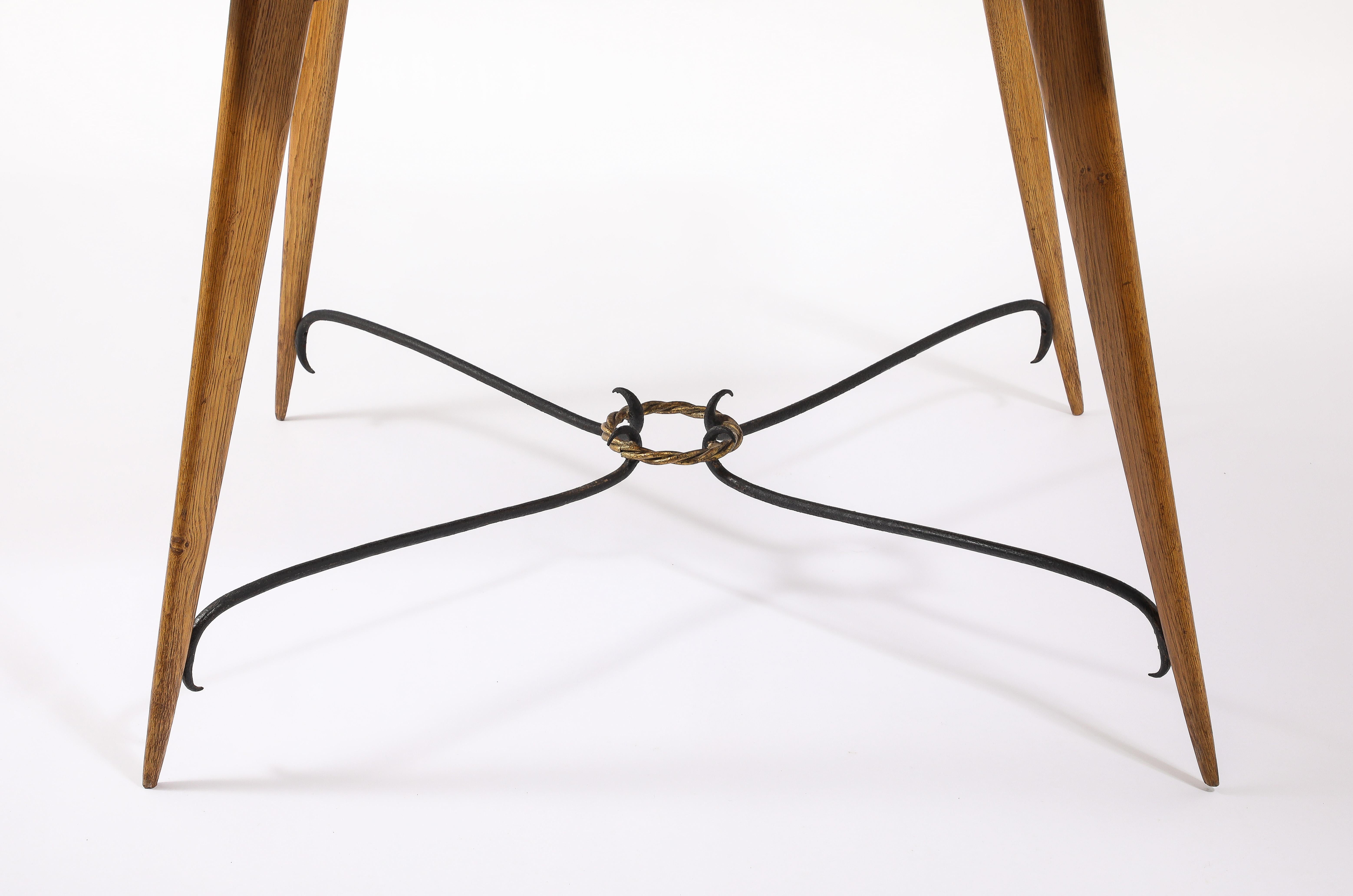 Mid-Century Modern Square Oak Center Table With Scrolled Stretcher, France 1940's For Sale