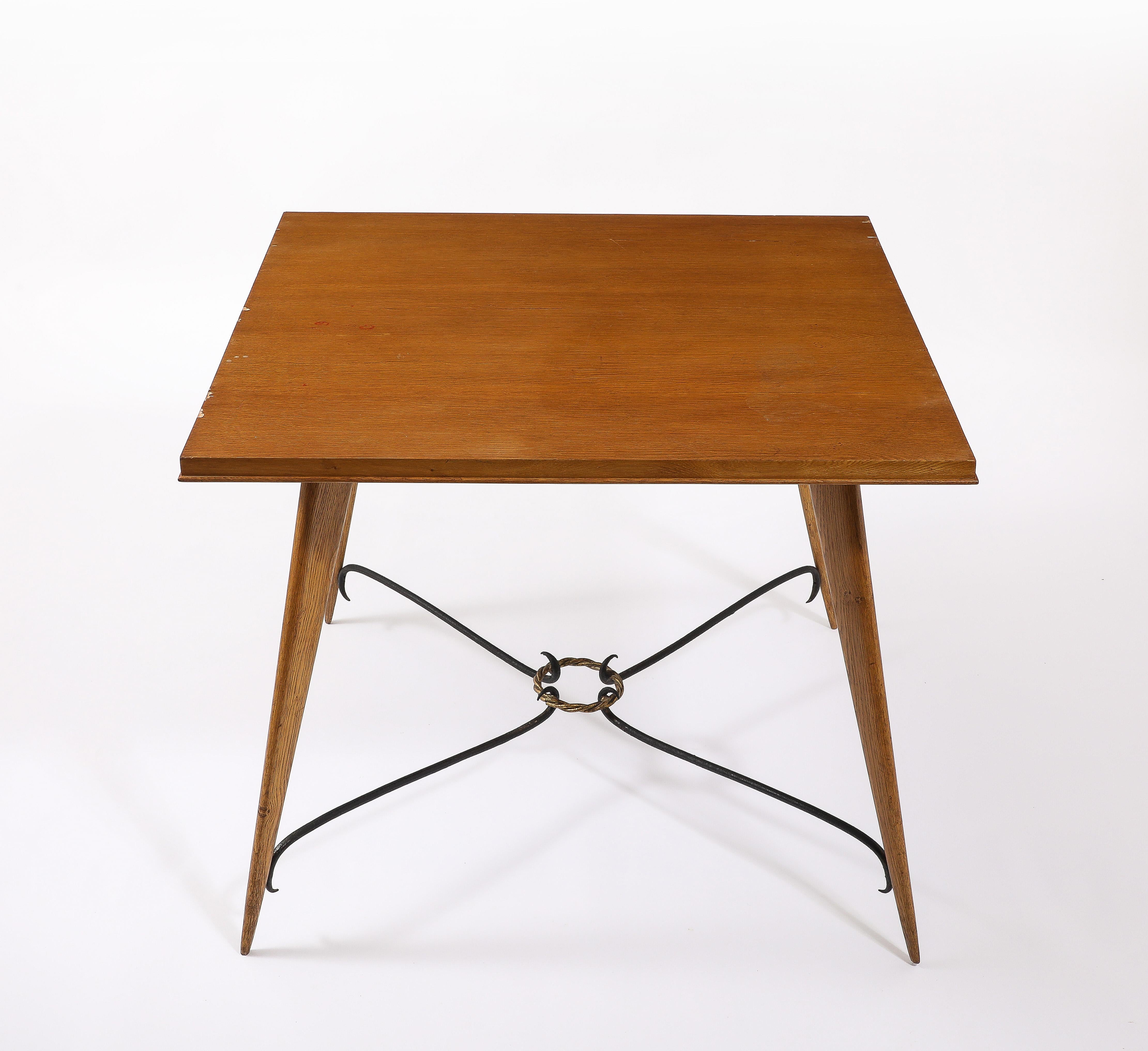 French Square Oak Center Table With Scrolled Stretcher, France 1940's For Sale