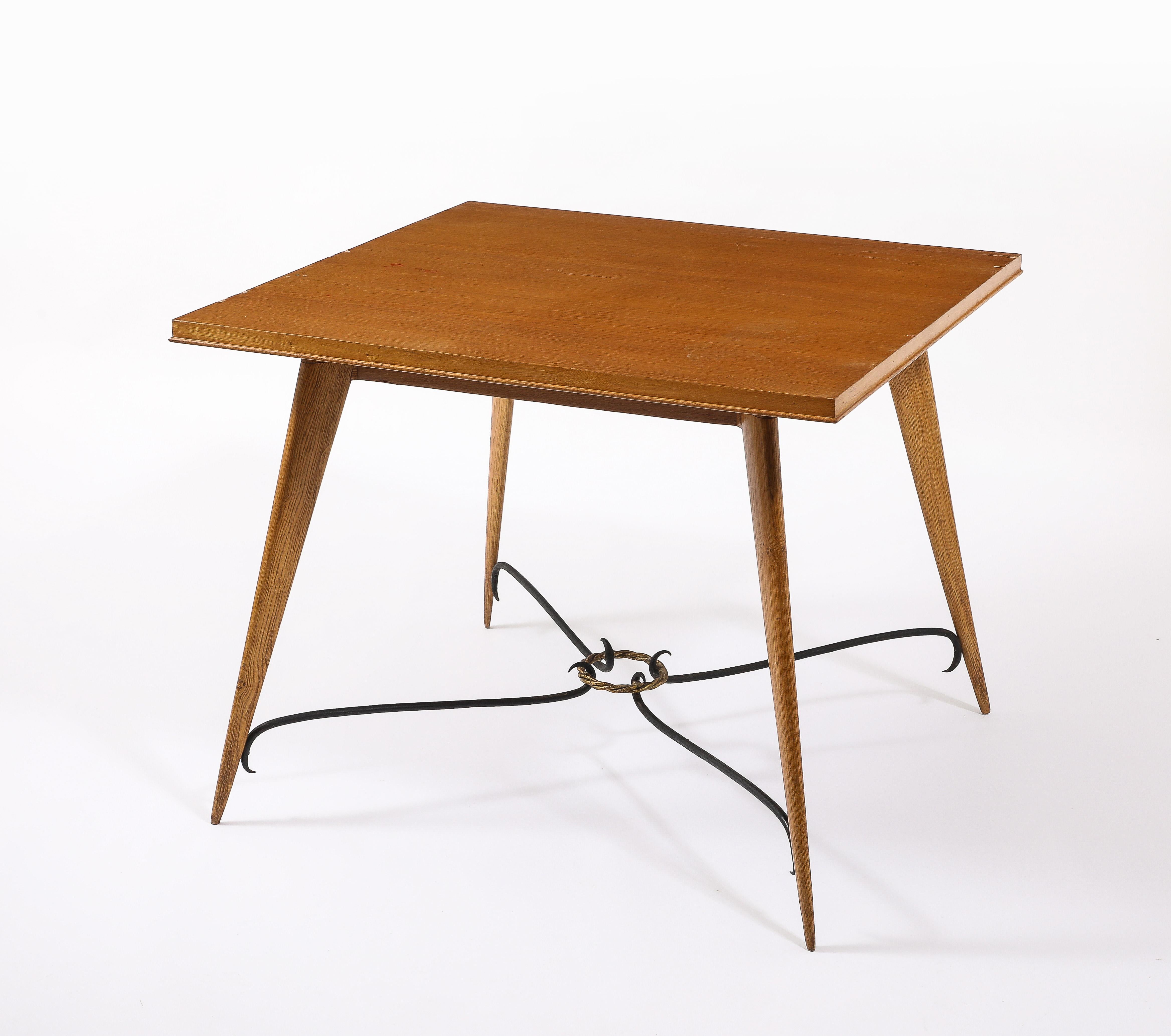 Square Oak Center Table With Scrolled Stretcher, France 1940's In Good Condition For Sale In New York, NY