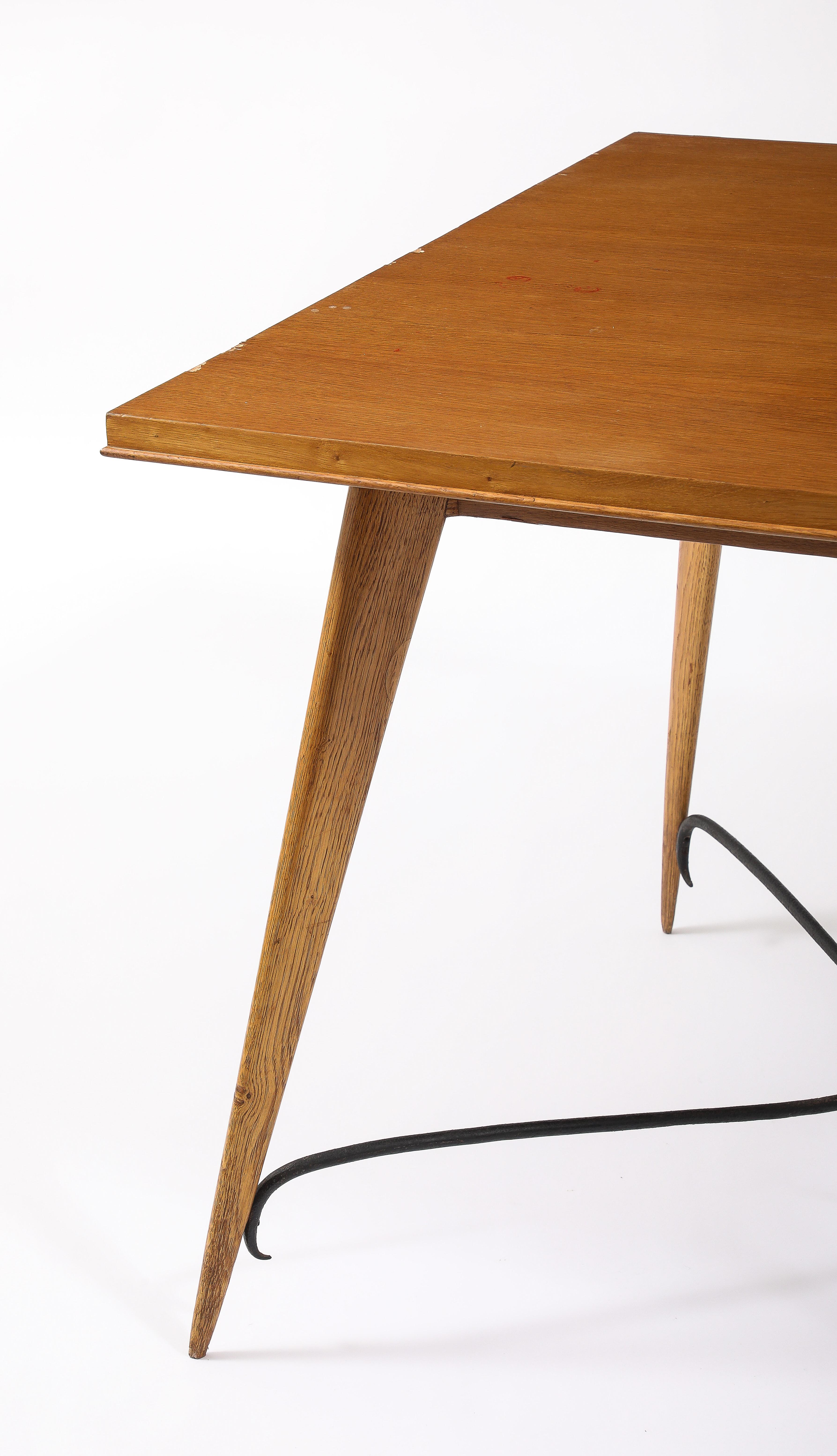 20th Century Square Oak Center Table With Scrolled Stretcher, France 1940's For Sale