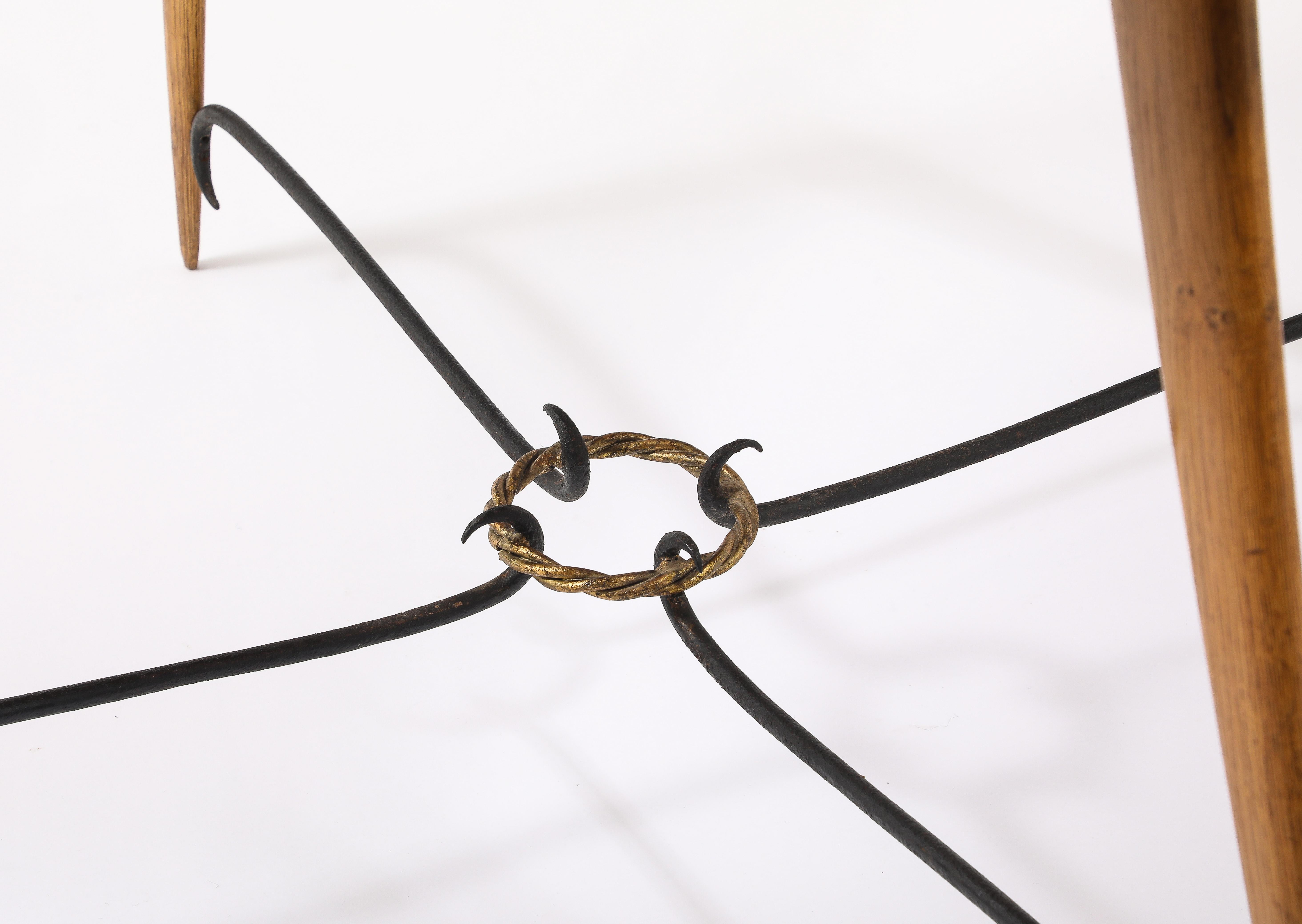 Wrought Iron Square Oak Center Table With Scrolled Stretcher, France 1940's For Sale