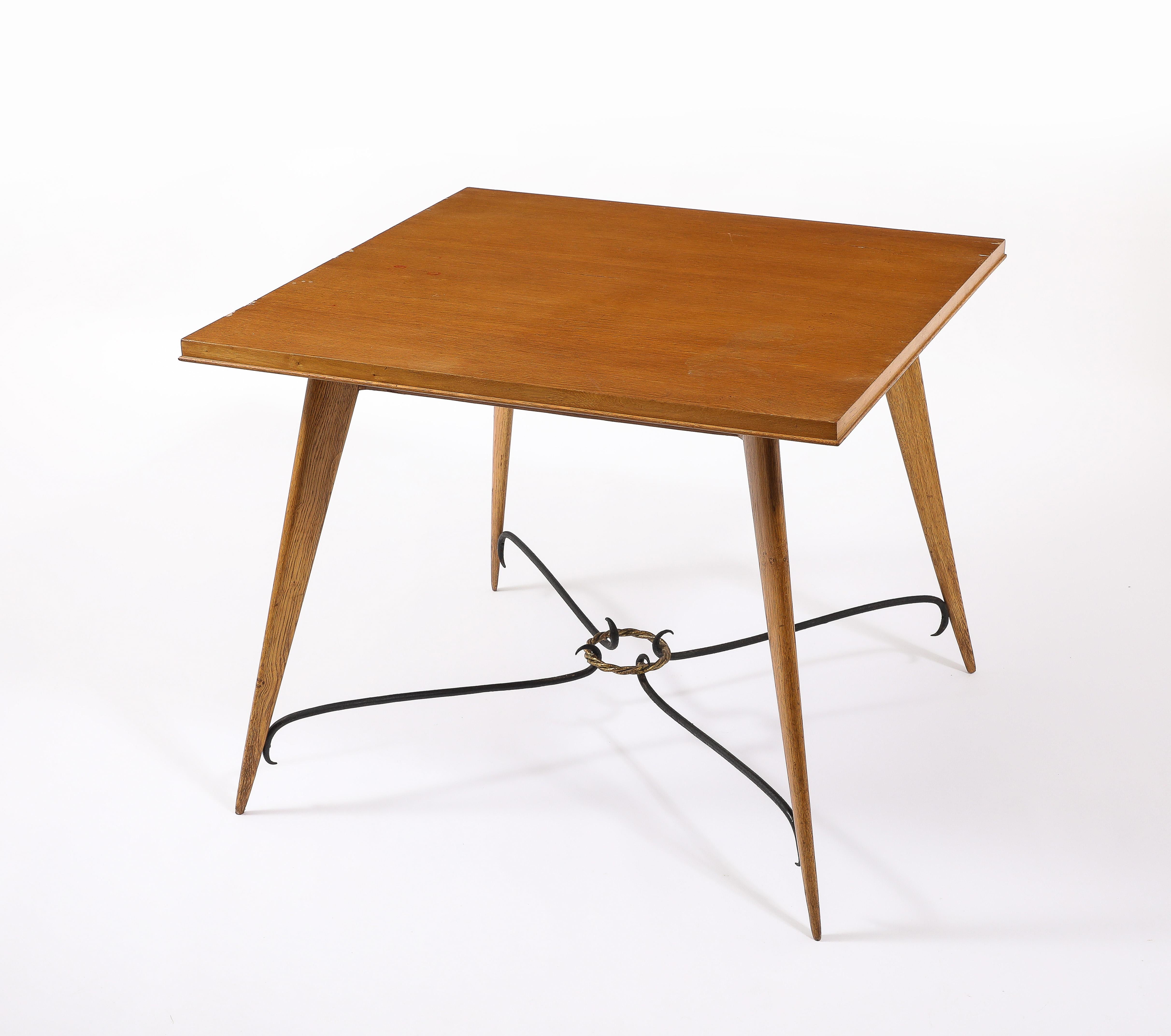 Square Oak Center Table With Scrolled Stretcher, France 1940's For Sale 1