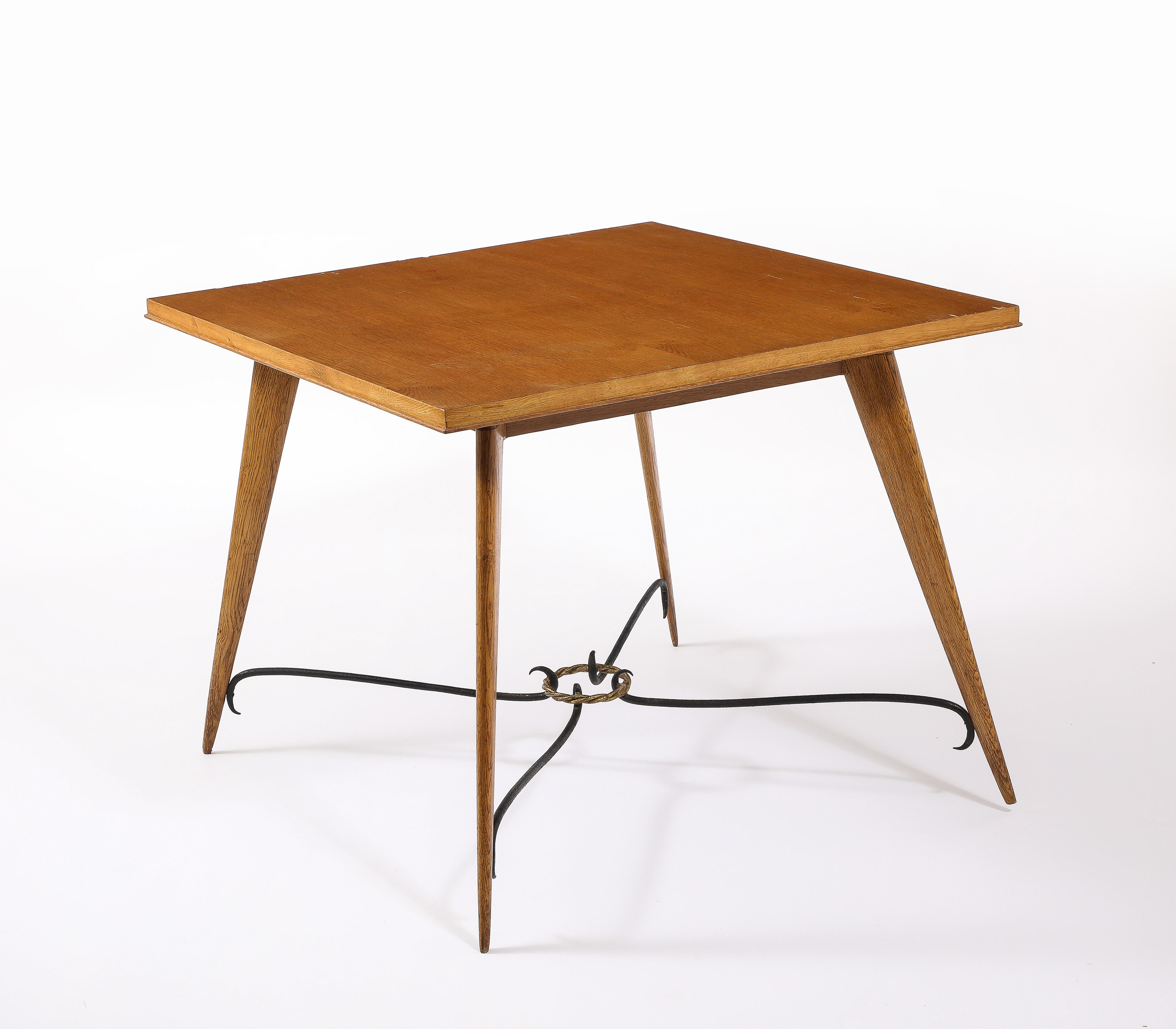 Square Oak Center Table With Scrolled Stretcher, France 1940's For Sale 2