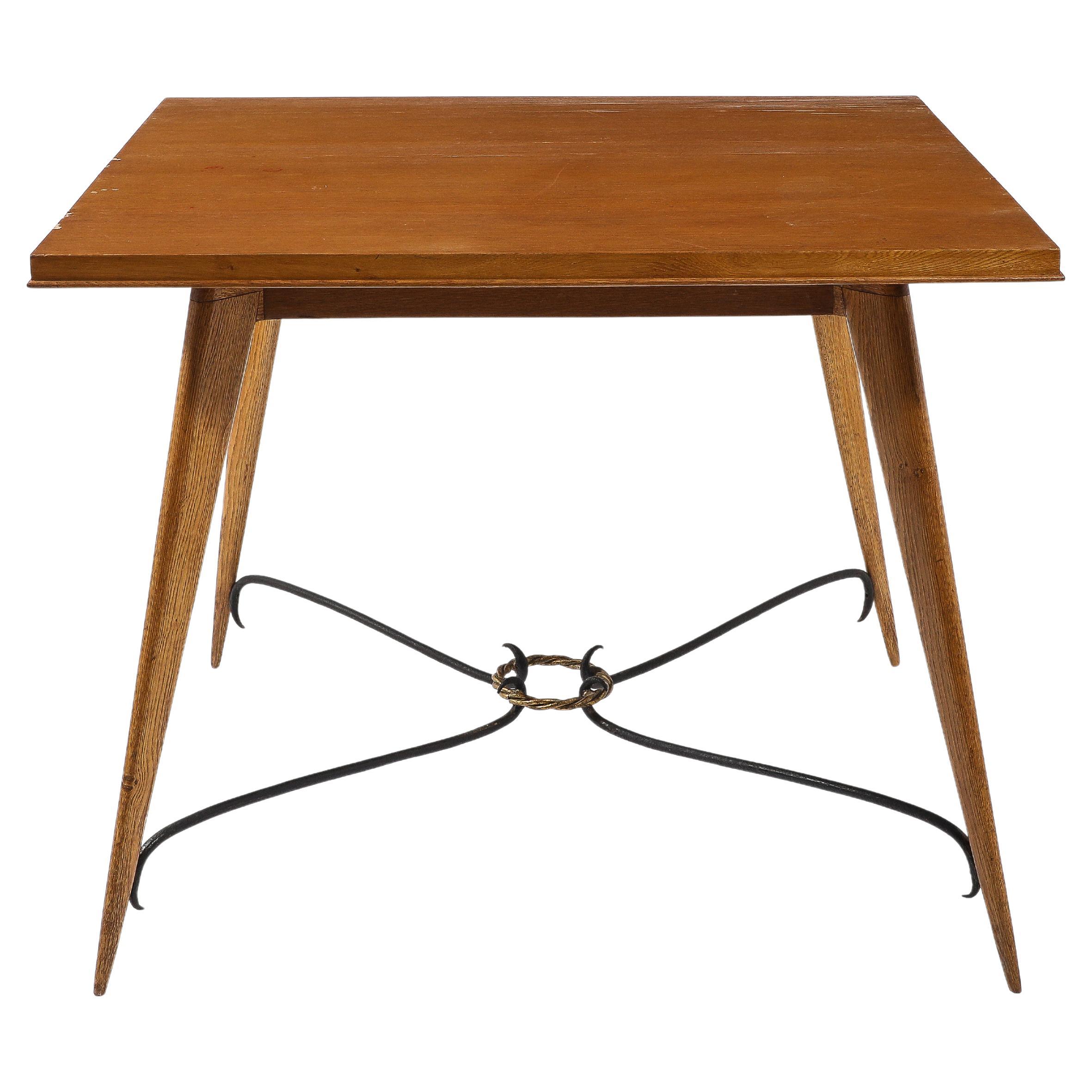 Square Oak Center Table With Scrolled Stretcher, France 1940's For Sale